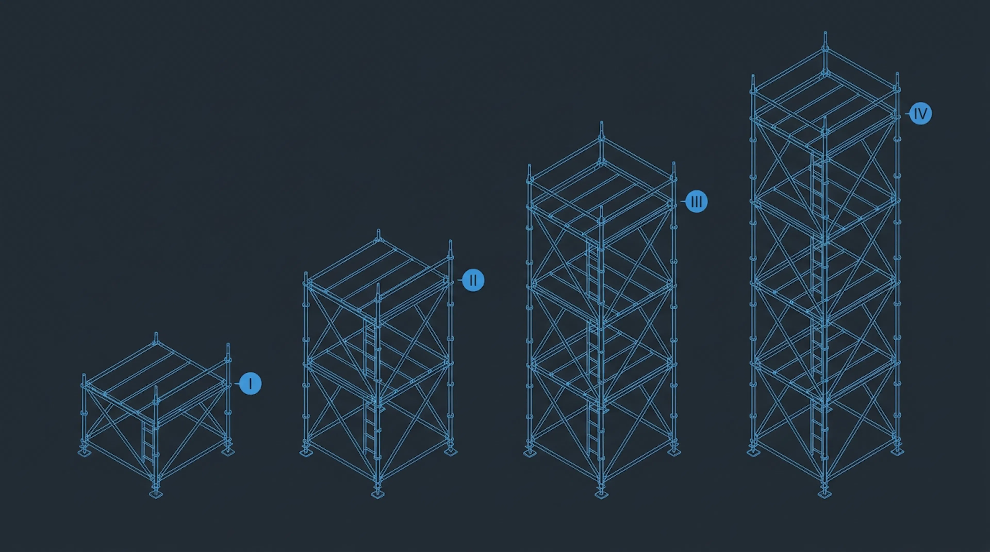 Isometric scaffolding structure built in four distinct stages of increasing height