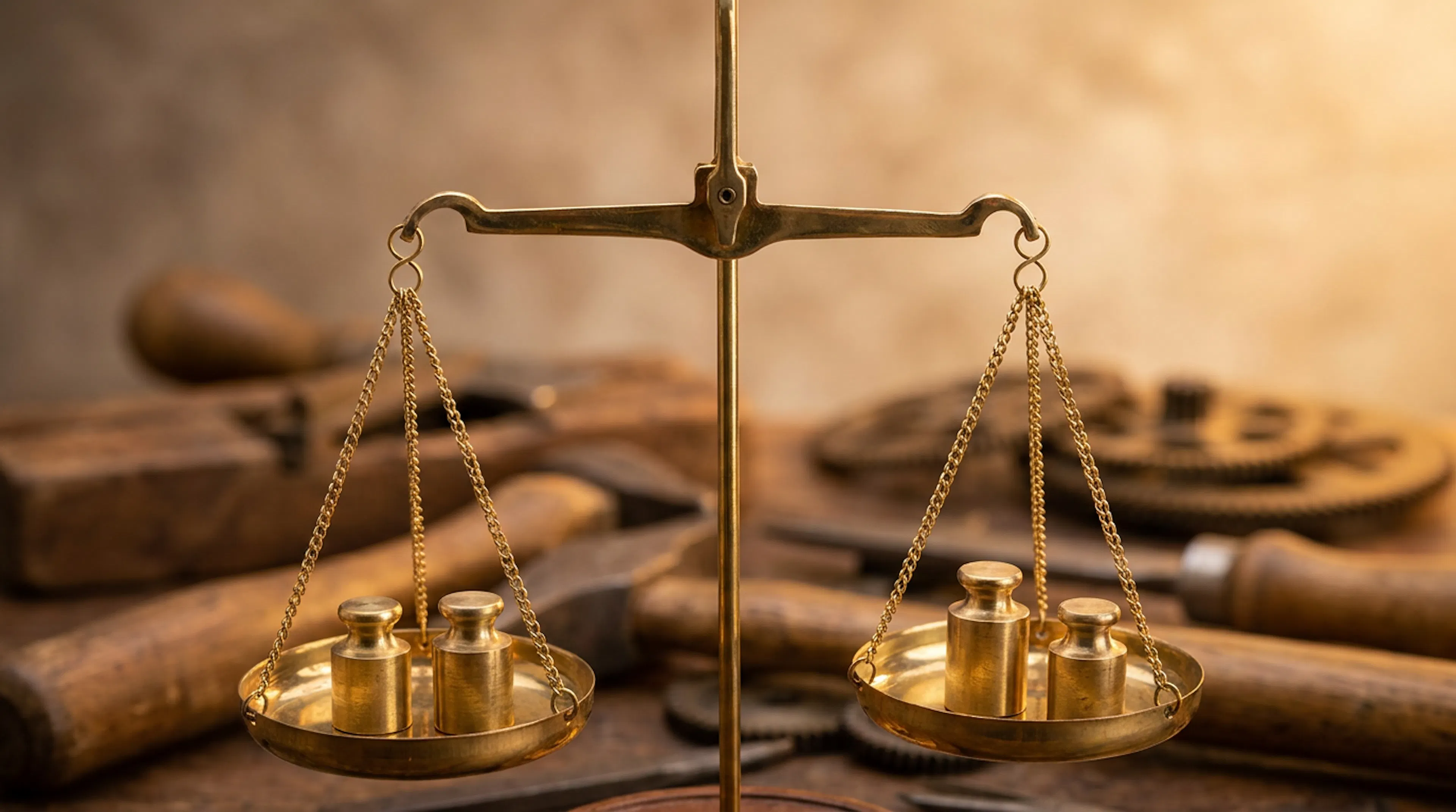 Precision brass balance scale in perfect equilibrium