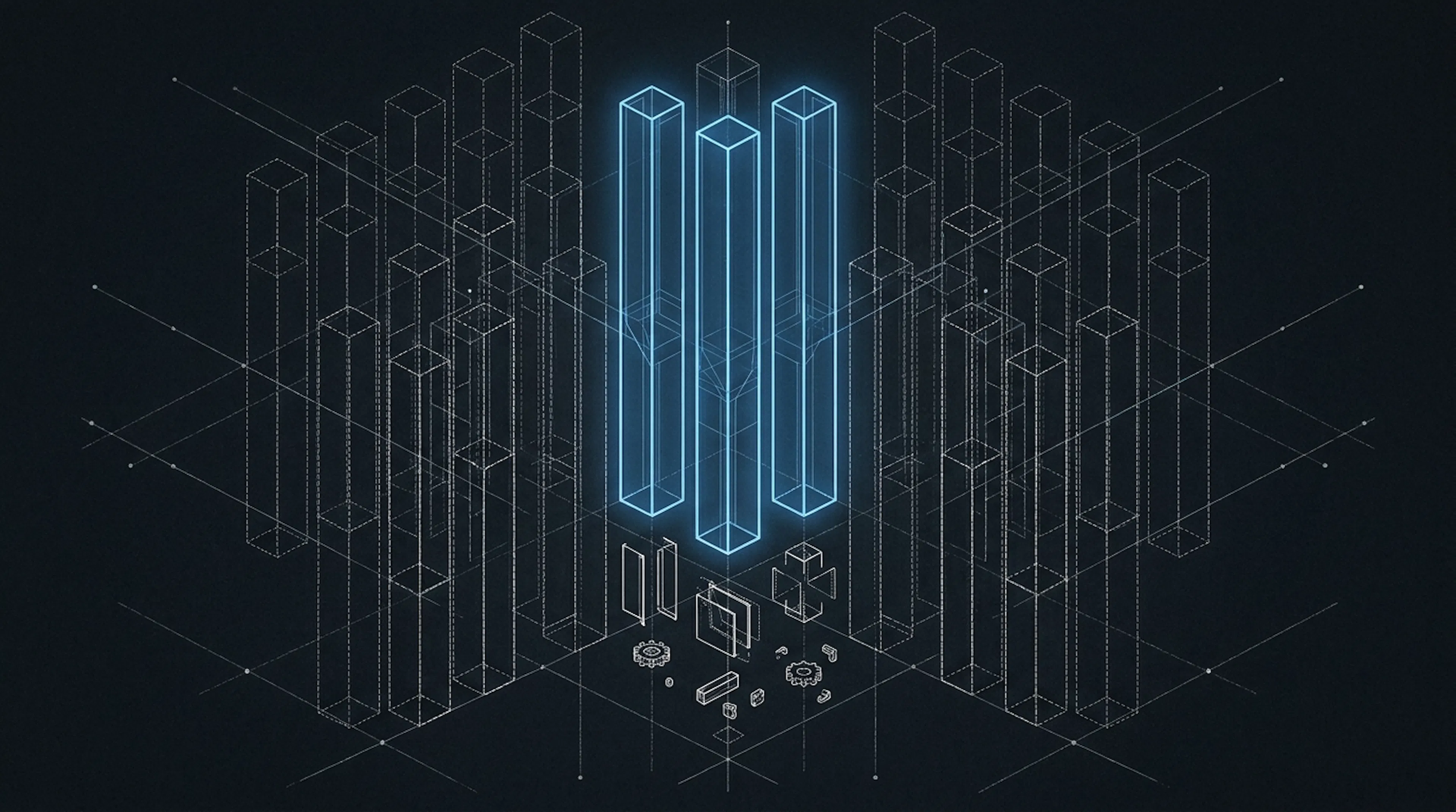 Isometric schematic of a wide grid of faint hollow columns beside a small cluster of solid glowing columns many times taller
