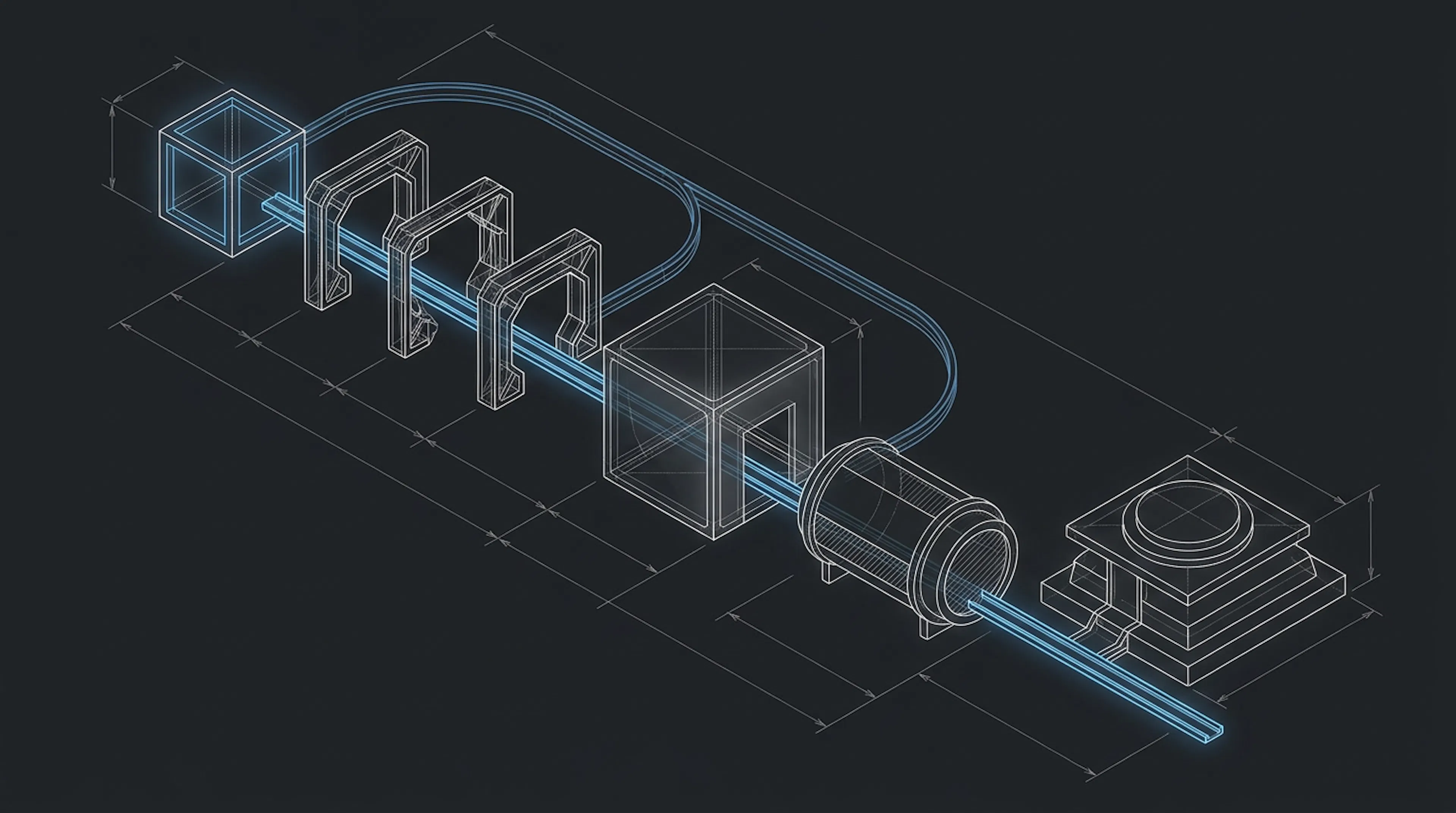 Isometric schematic of a linear assembly line of abstract gates and a test chamber with one branch looping back to the start