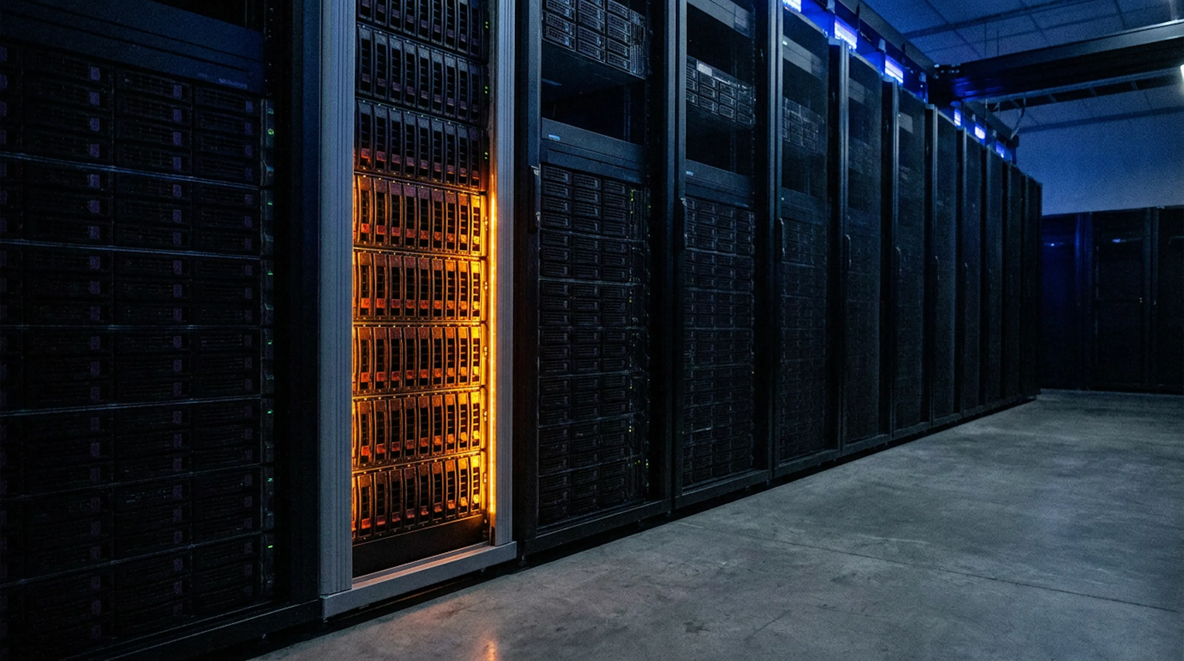 A datacenter row where one rack burns hot under load while every identical rack beside it sits dark and idle