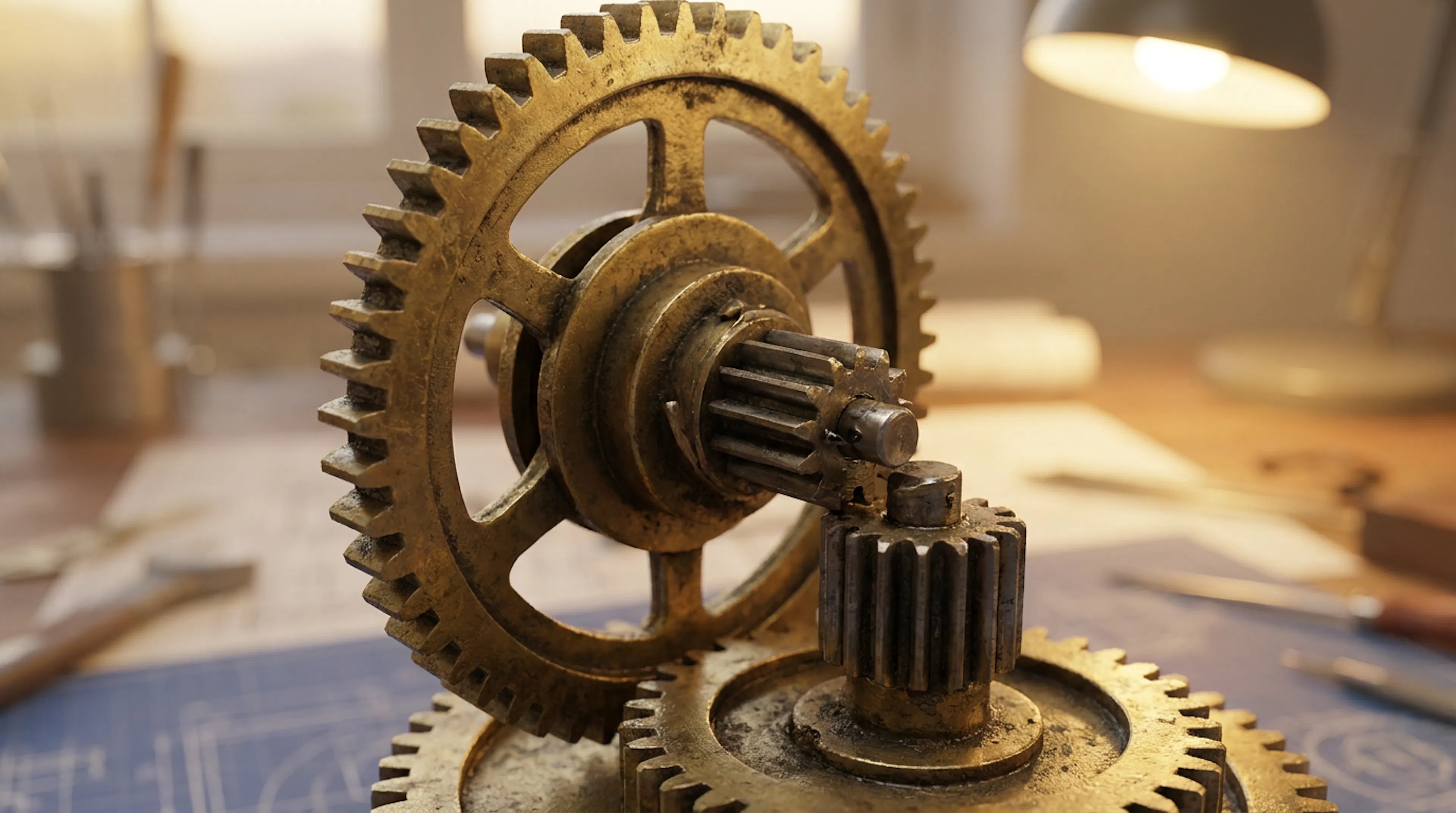 Brass clock gears slightly out of sync with one another