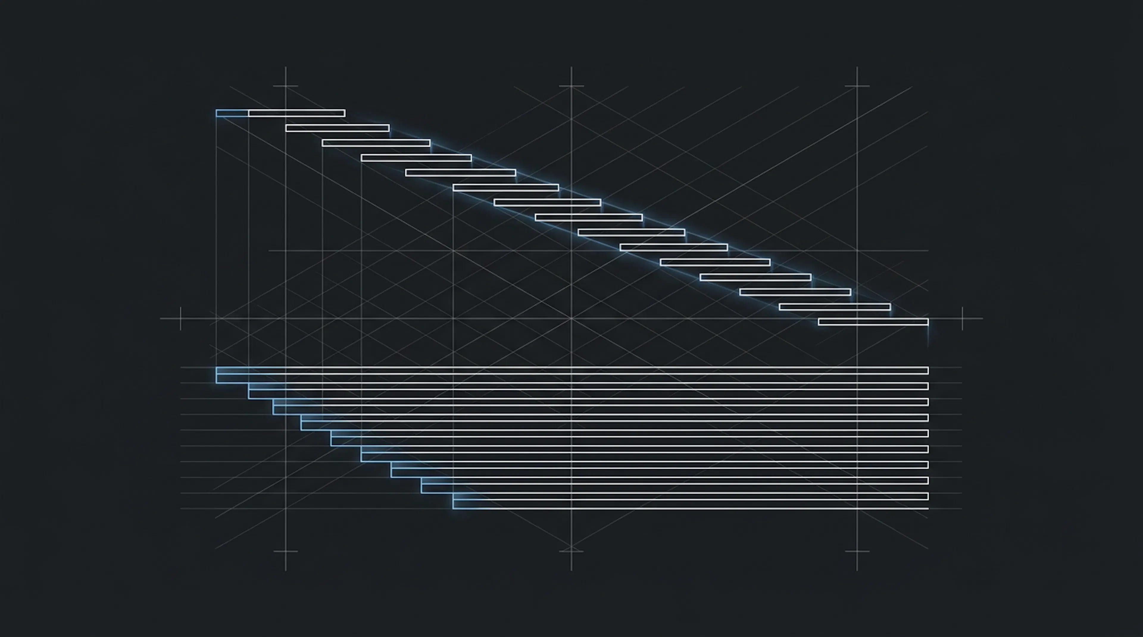 Isometric schematic contrasting a long serial blocking chain of bars against the same bars stacked in parallel and finishing early