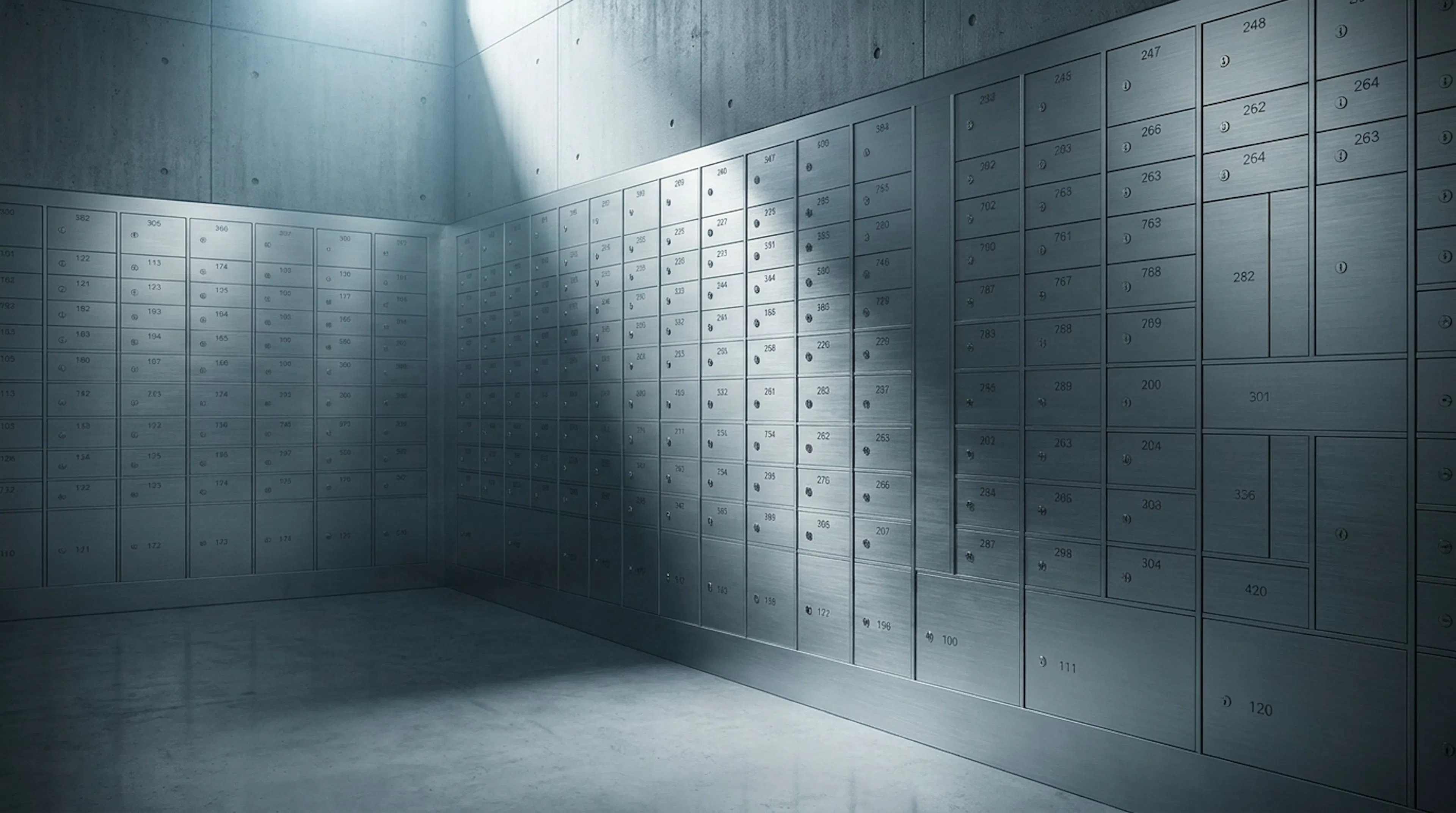 Bank vault safety deposit box wall with rows of identical small numbered steel doors