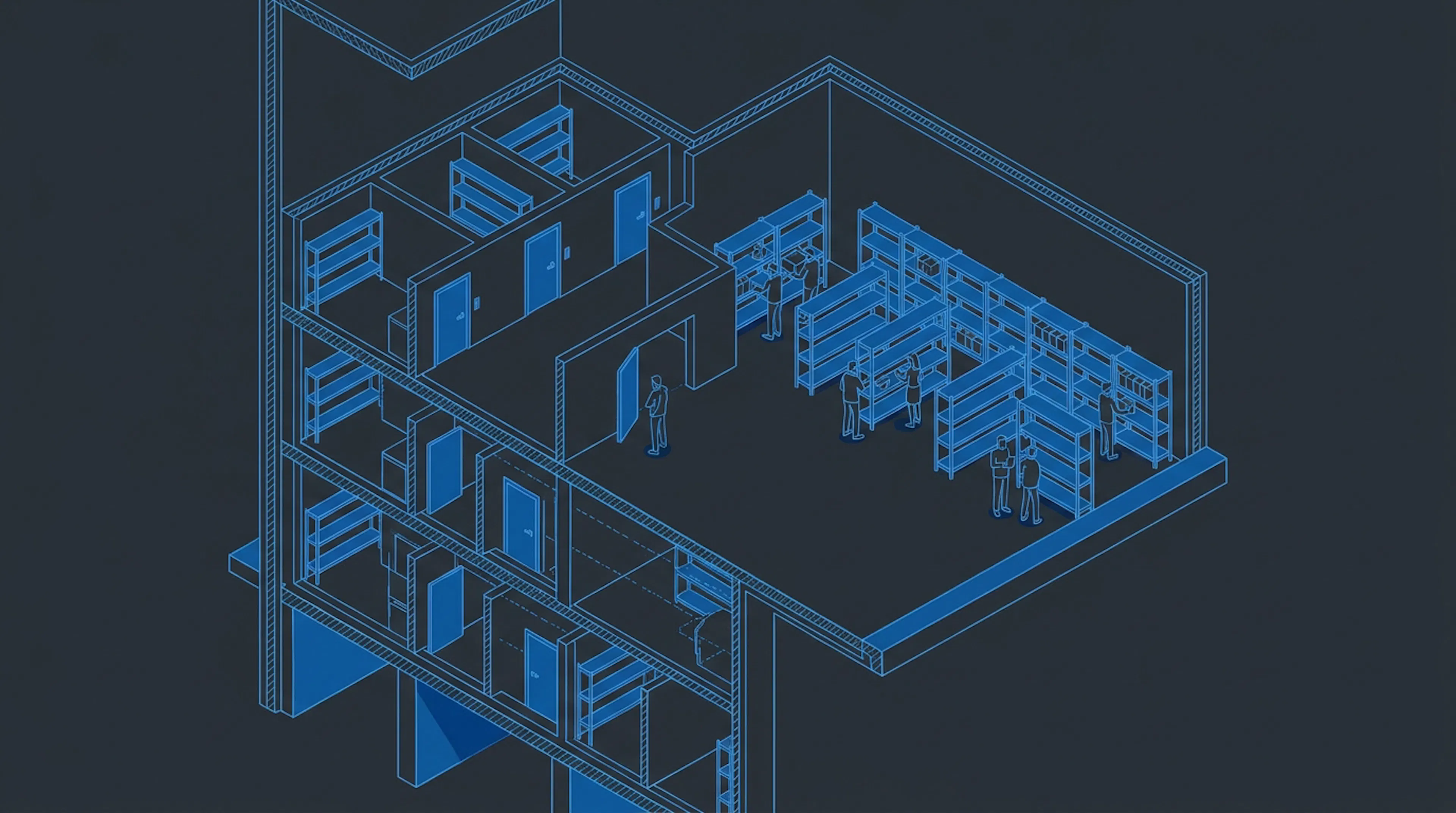 Isometric building cutaway showing individually walled vault units on one side and a single open shared vault on the other