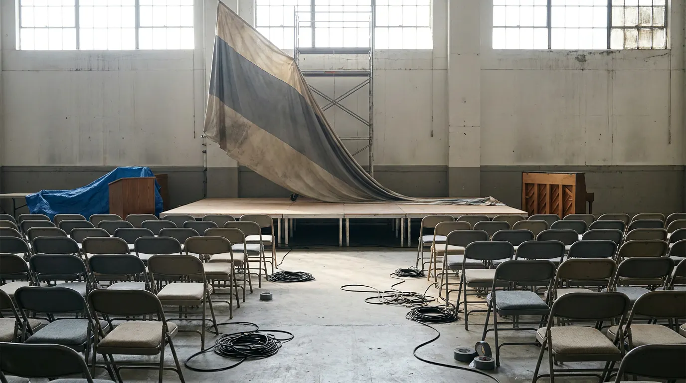 An empty temporary stage the morning after a launch event, chairs askew, banner half down, cables coiled on the floor