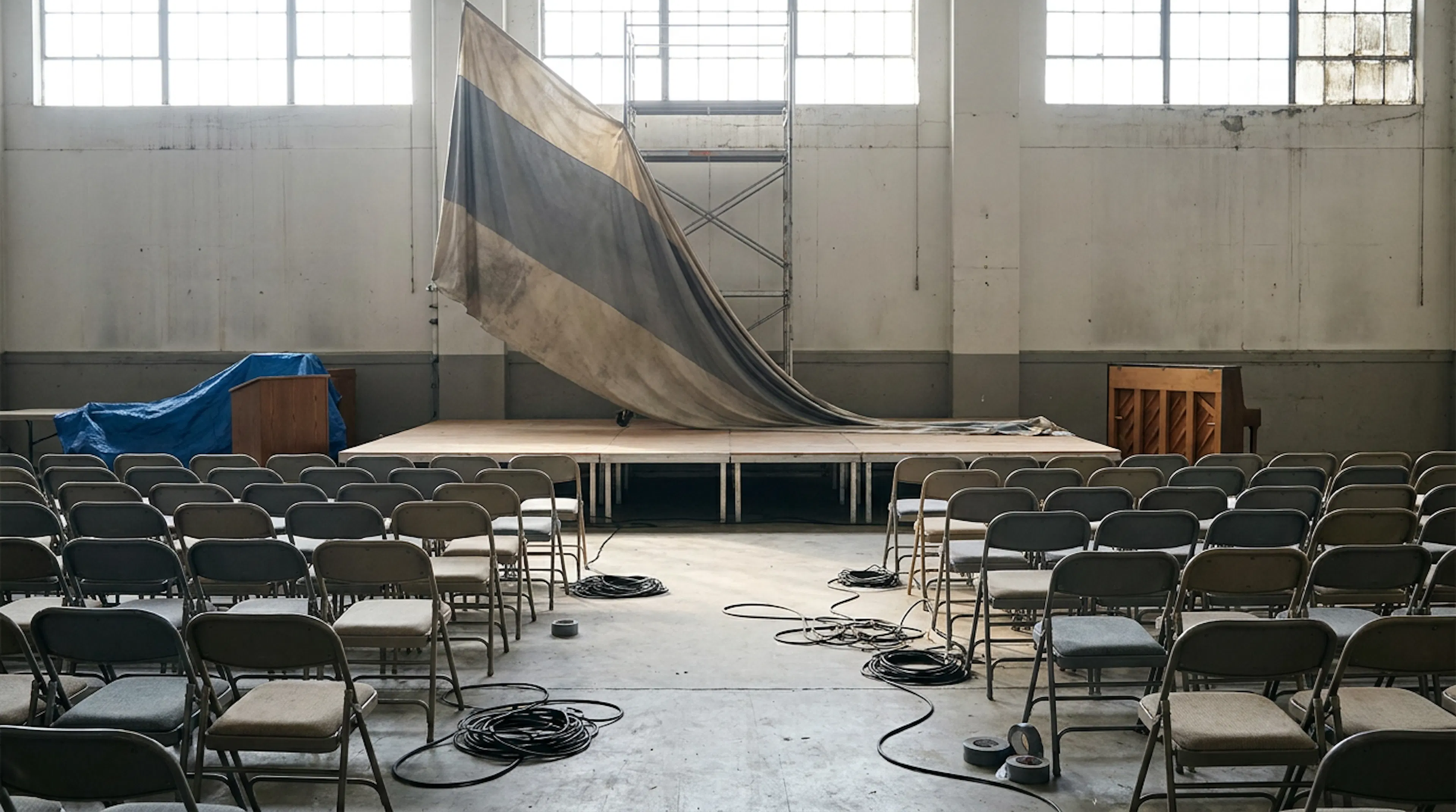 An empty temporary stage the morning after a launch event, chairs askew, banner half down, cables coiled on the floor