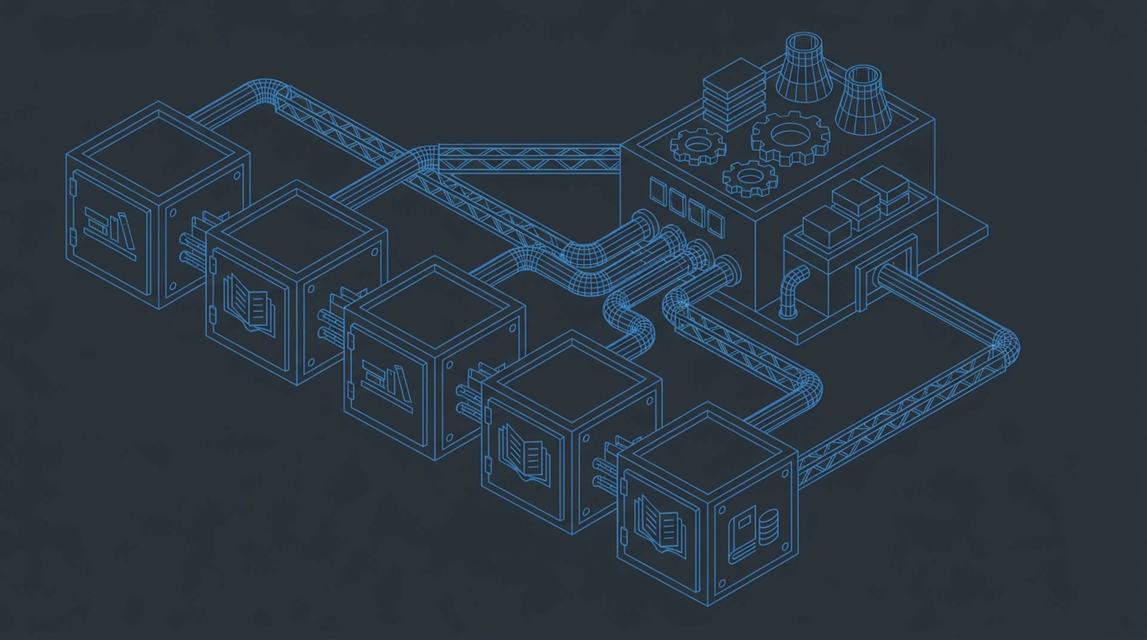 Isometric diagram of separate ledger vaults connected by pipes to a central processing hub