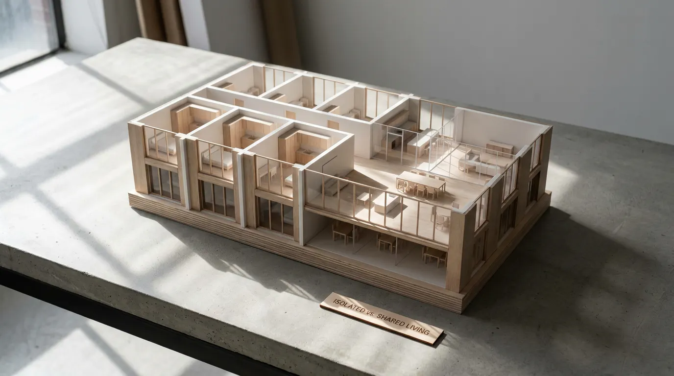 Apartment building cutaway model showing separate structurally isolated units versus an open shared floor