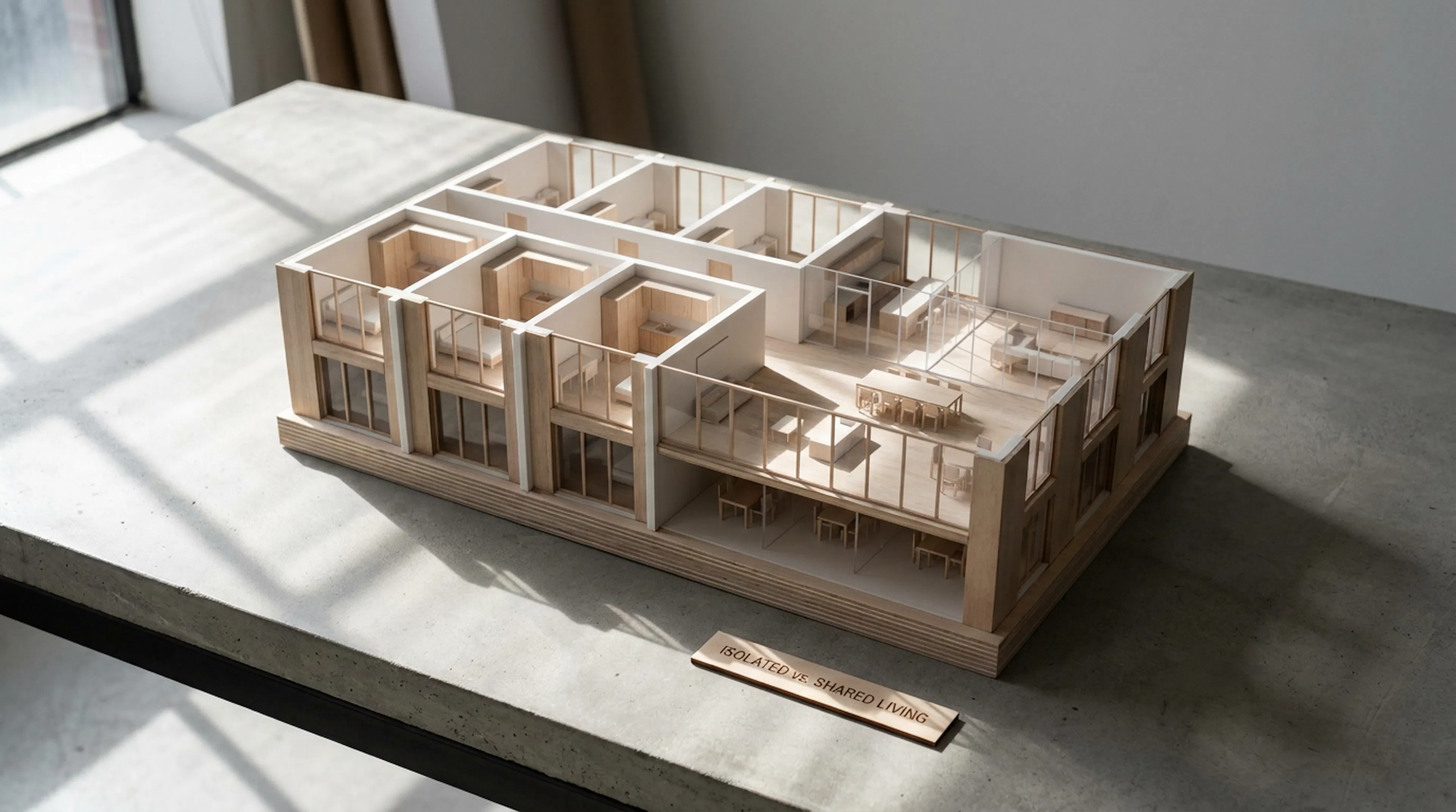 Apartment building cutaway model showing separate structurally isolated units versus an open shared floor