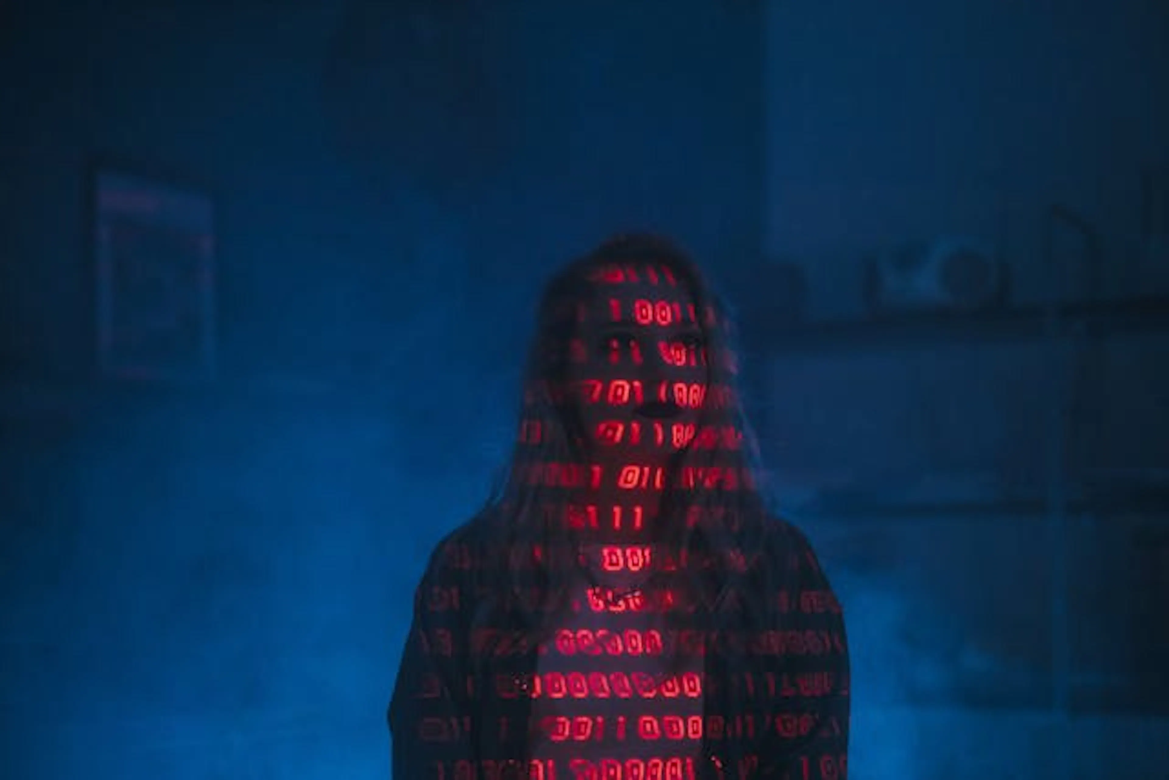 Image of a girl with red text projection on her body