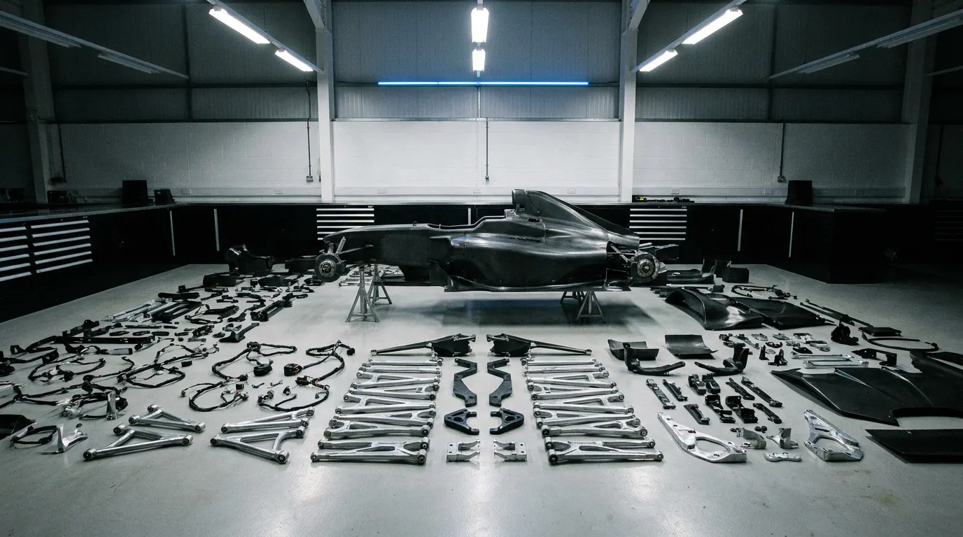 A race car stripped to its bare carbon monocoque with every removed non-essential panel laid out in rows on the workshop floor