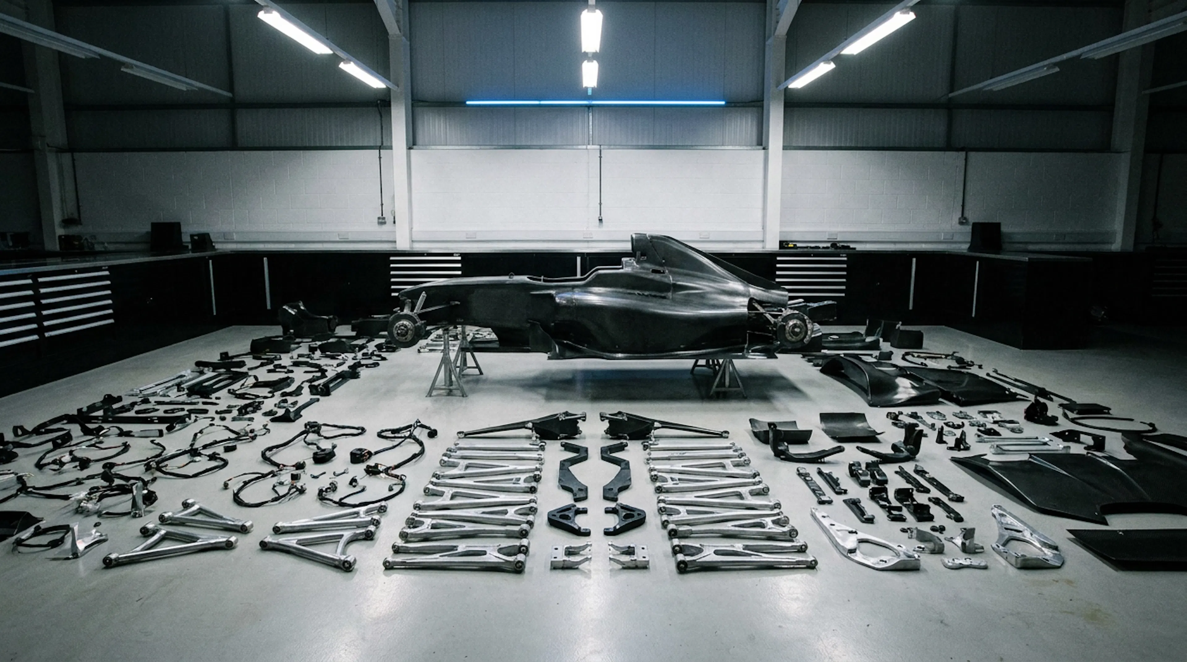 A race car stripped to its bare carbon monocoque with every removed non-essential panel laid out in rows on the workshop floor