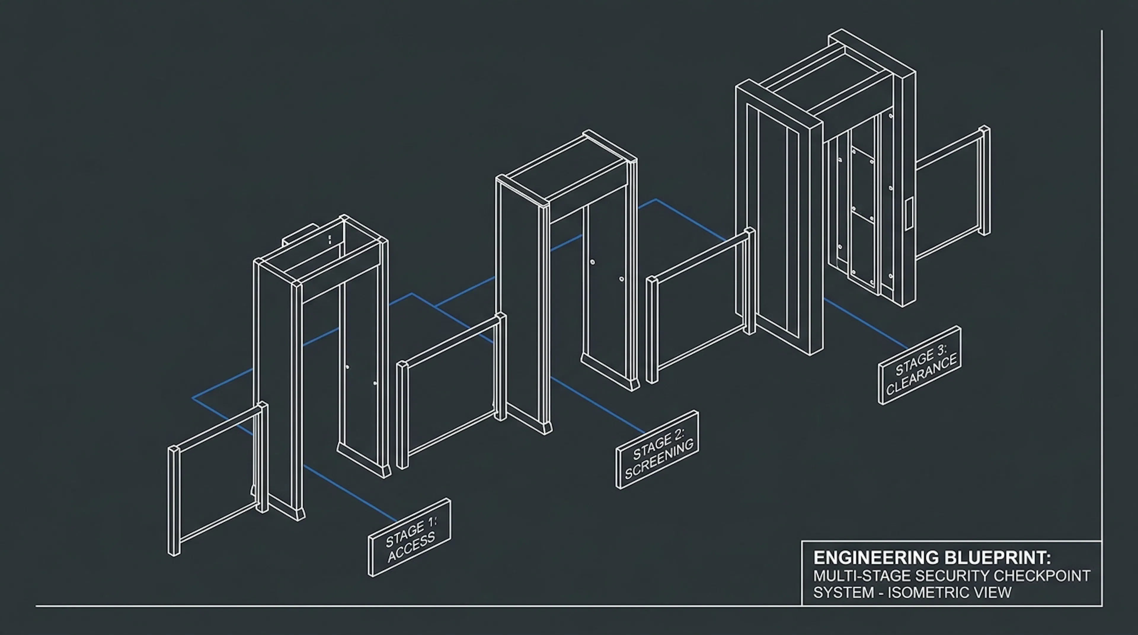 Isometric diagram of three sequential security checkpoint gates of increasing structural weight