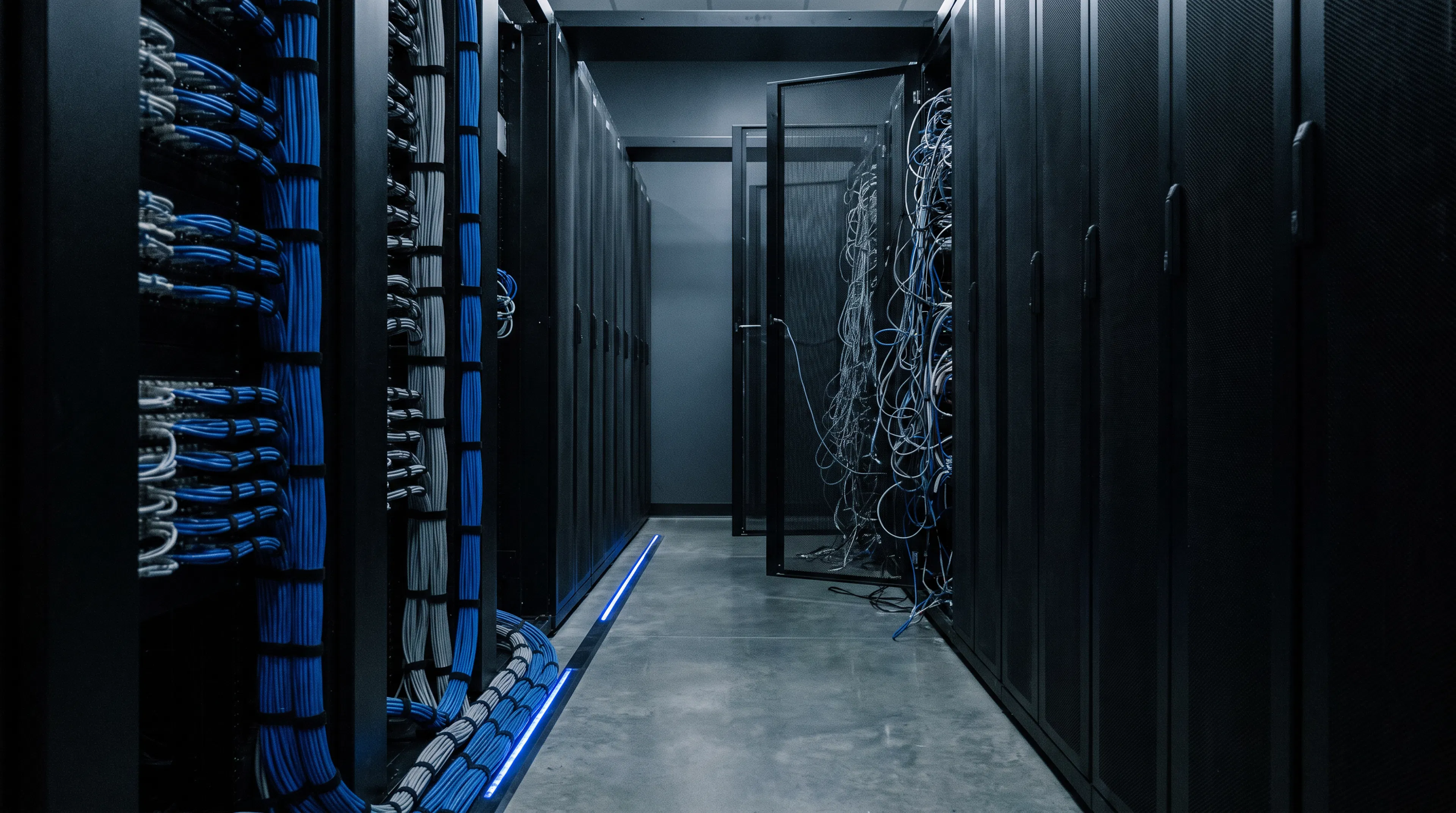 A datacenter cold aisle where disciplined cable management gives way to an unmanaged tangle further down the row
