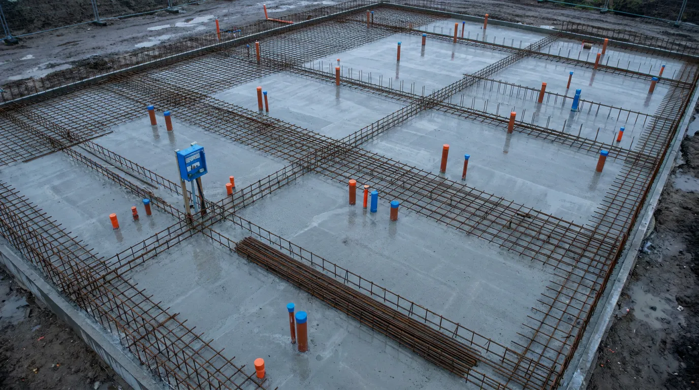 A freshly poured concrete foundation slab with rebar and conduit laid out precisely, before any building exists on it