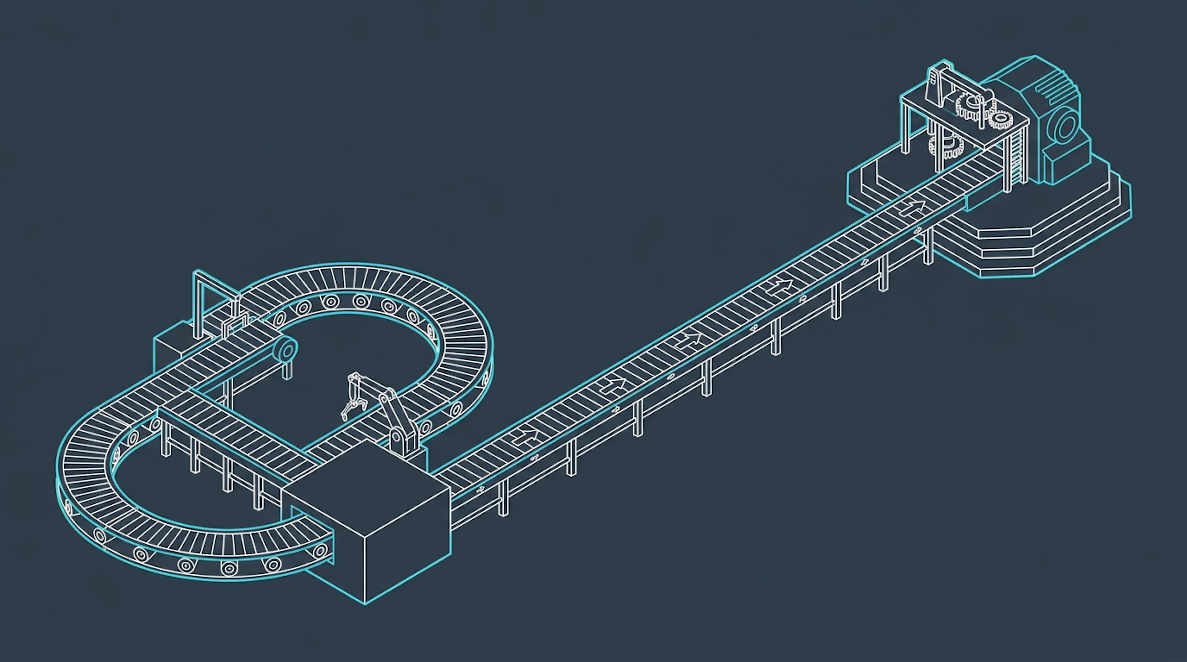 Two diverging assembly lines from a single starting point, one short and looping back, one long and leading forward