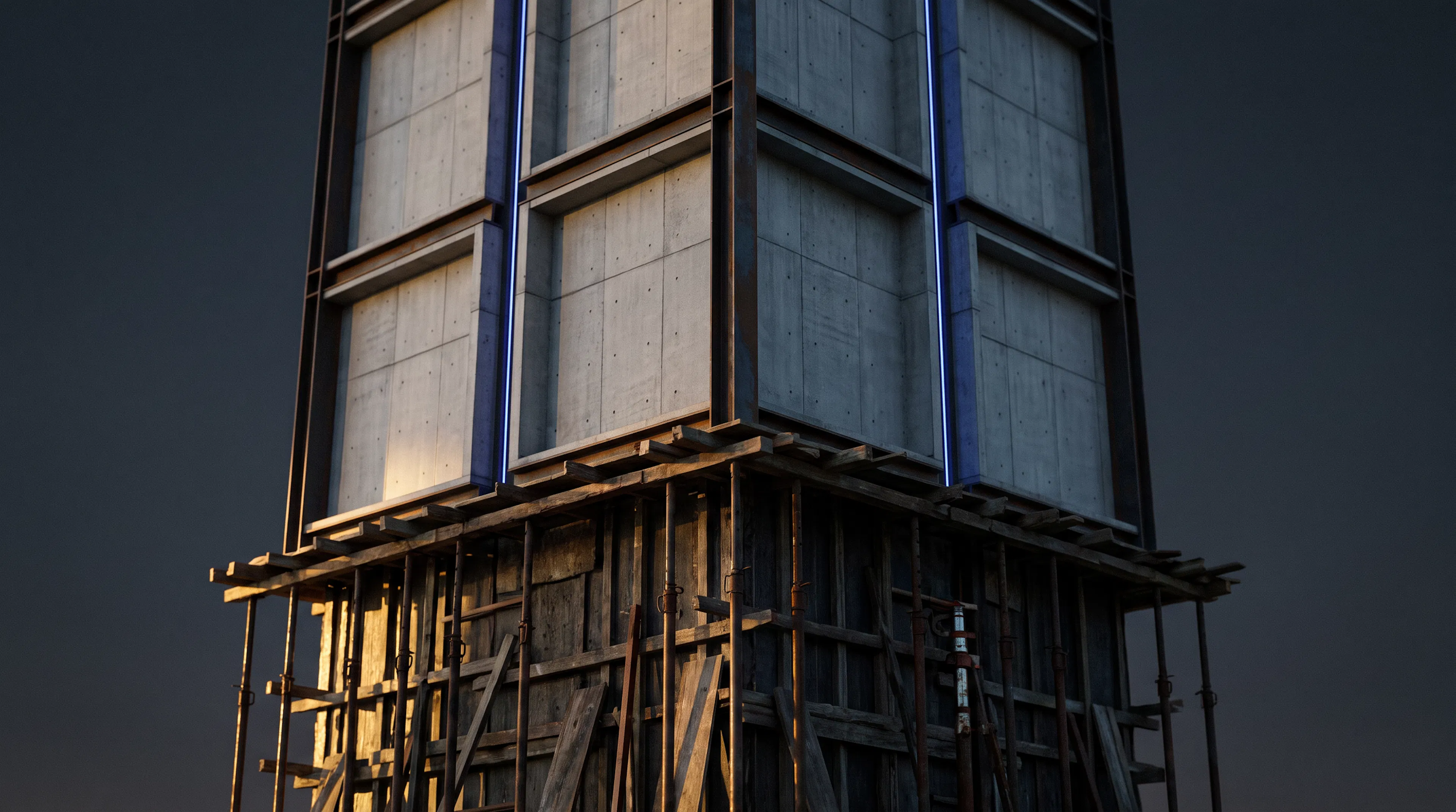 A precisely engineered concrete and steel tower resting on an improvised timber scaffold foundation