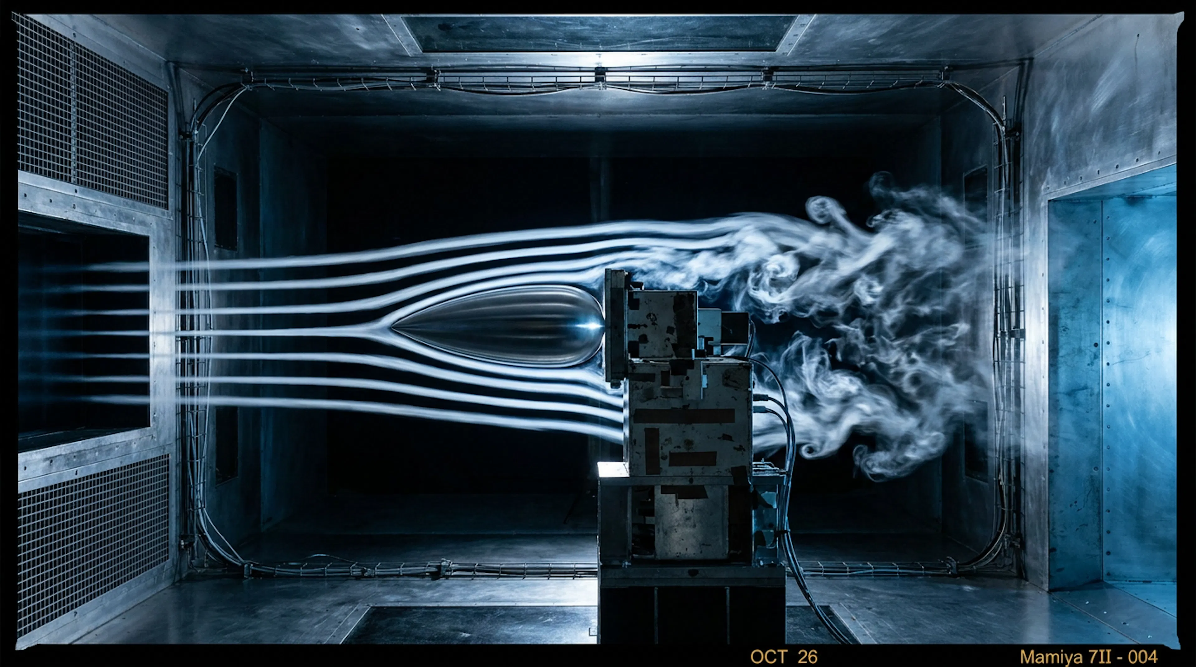 Wind tunnel smoke streamlines staying laminar over a clean form and collapsing into turbulence behind a cluttered one