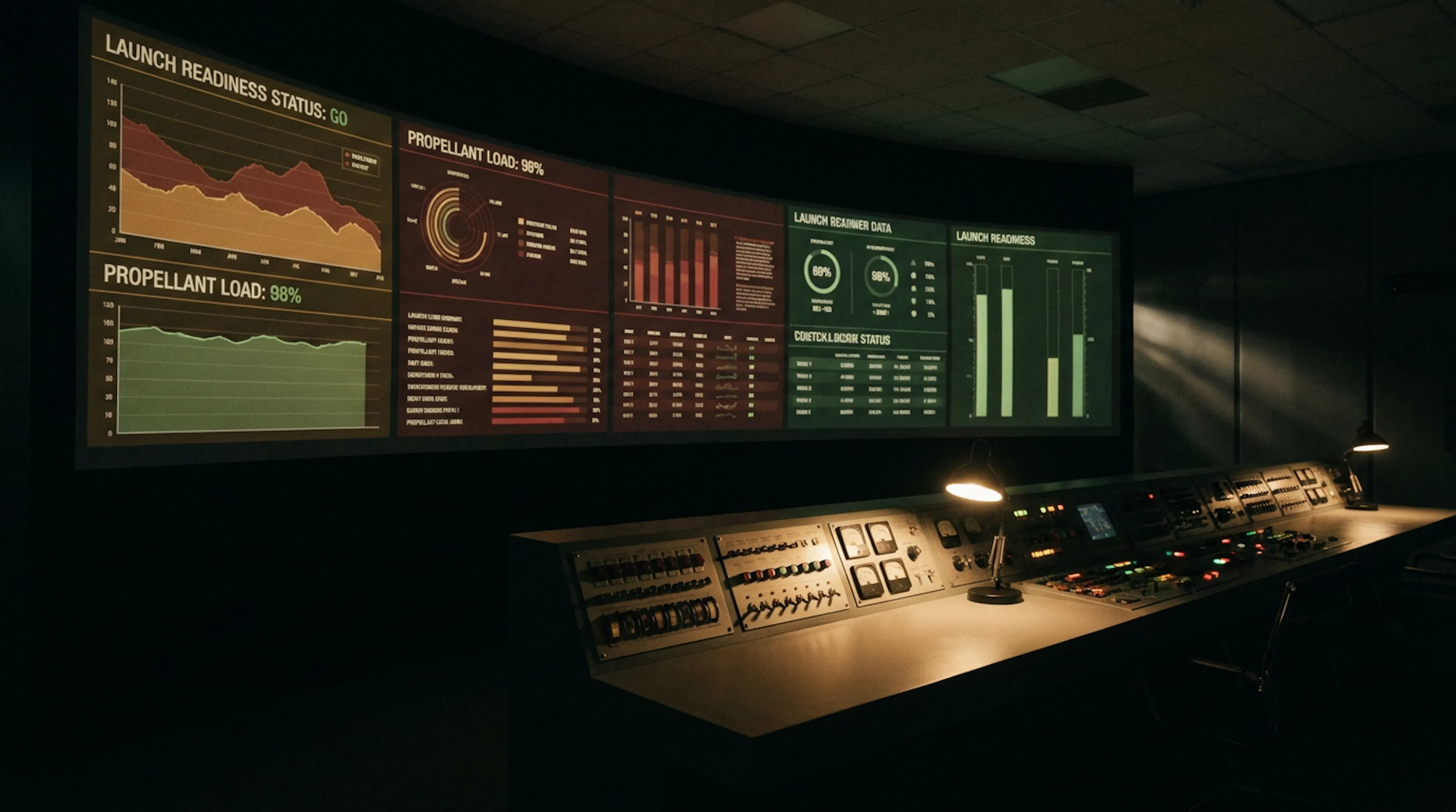 Dark engineering mission control room with a wall display showing an abstract launch readiness dashboard
