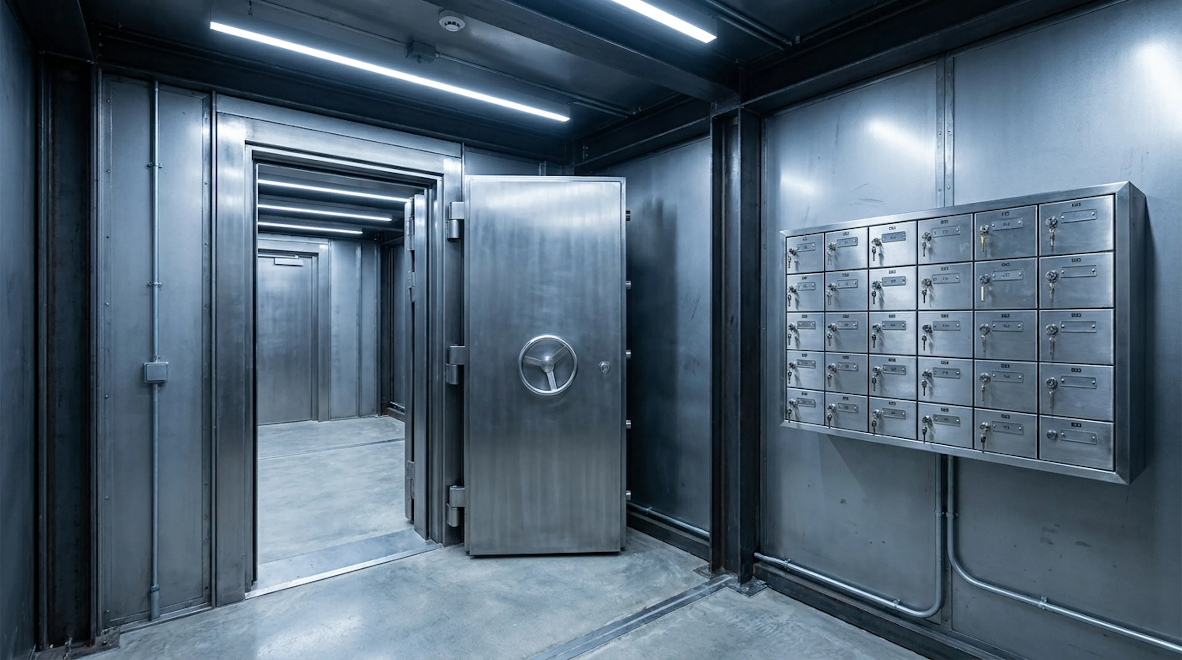 Reinforced steel security vestibule with a wall of individually keyed lock cylinders