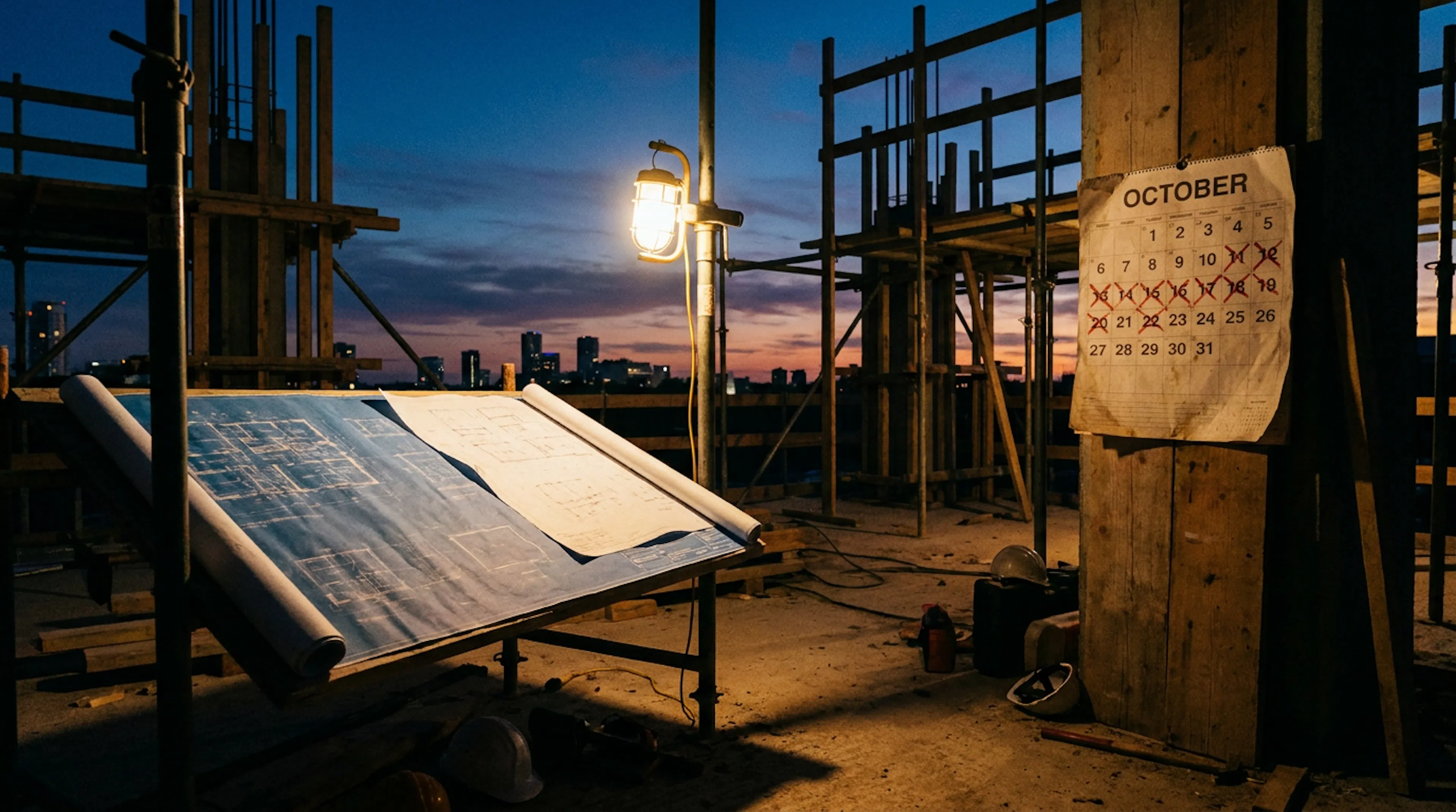 Construction site at dusk with a calendar pinned to a partially assembled scaffold