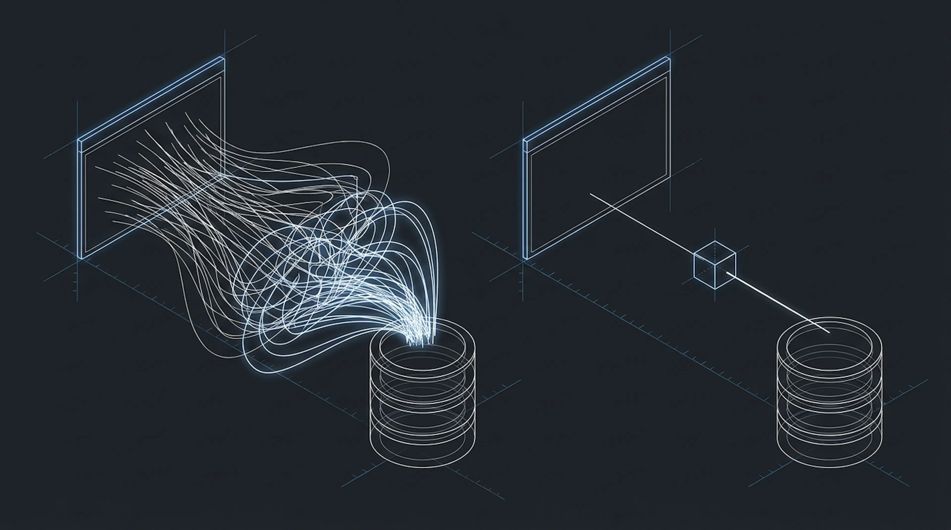 Isometric schematic contrasting dozens of tangled redundant query paths against a single composed query reaching the same database