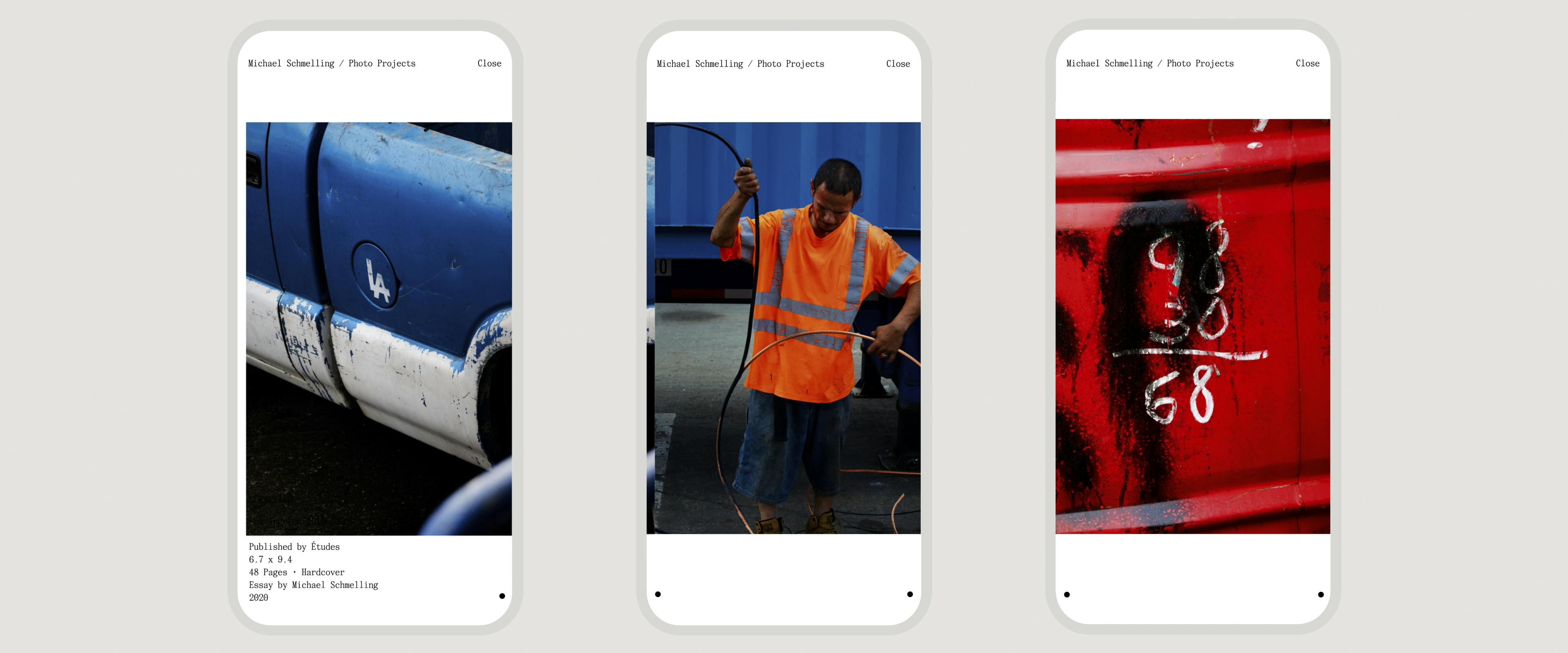 Three side by side screen recordings of the portfolio experience on mobile.