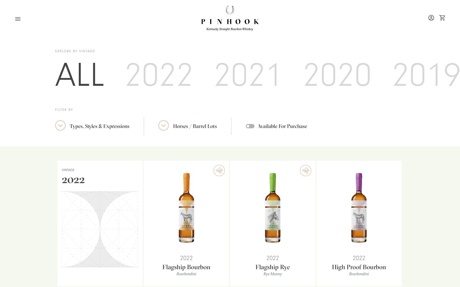Screenshot of the All Whiskeys page on Pinhook's website.