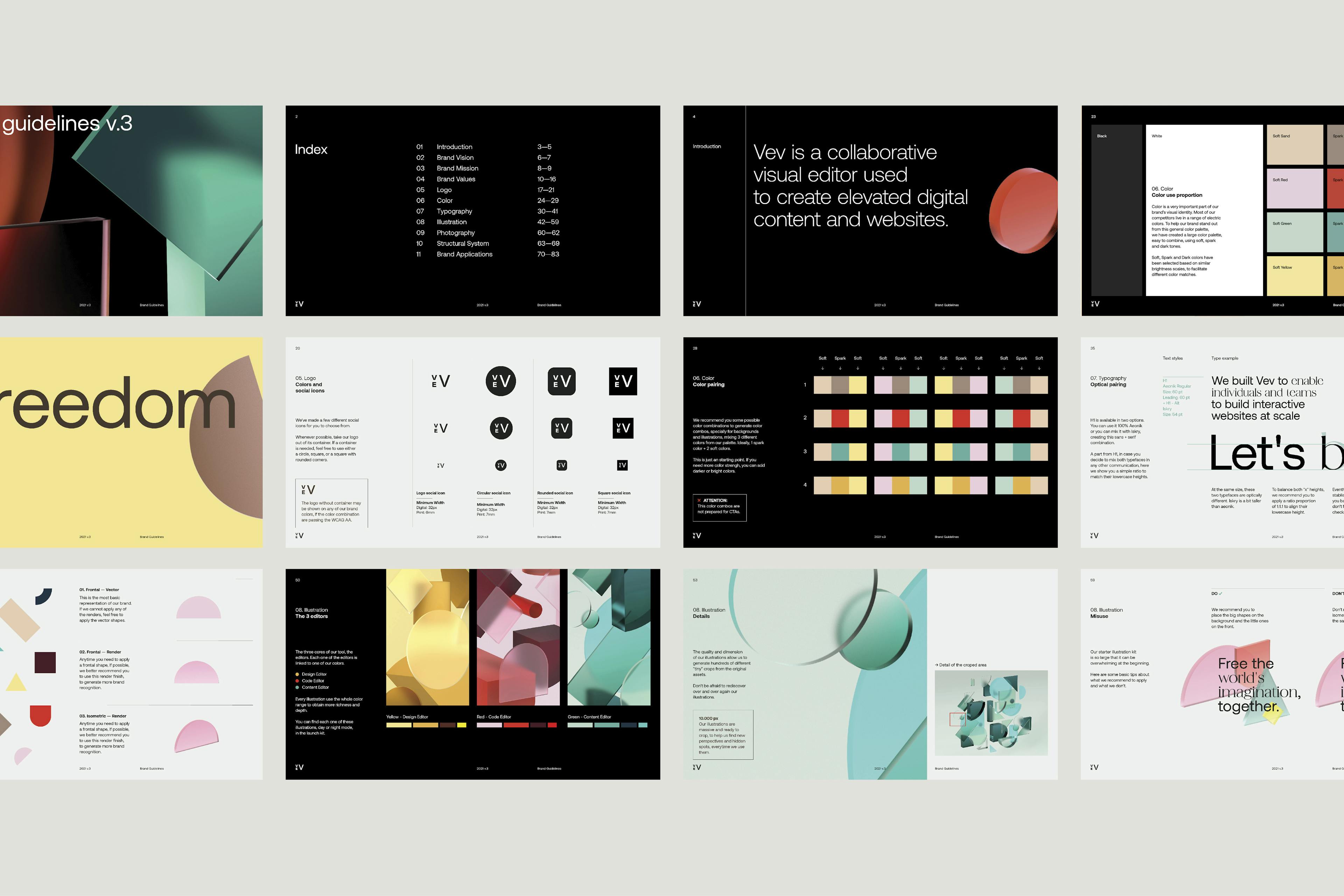 Collage of the Vev branding guidelines.