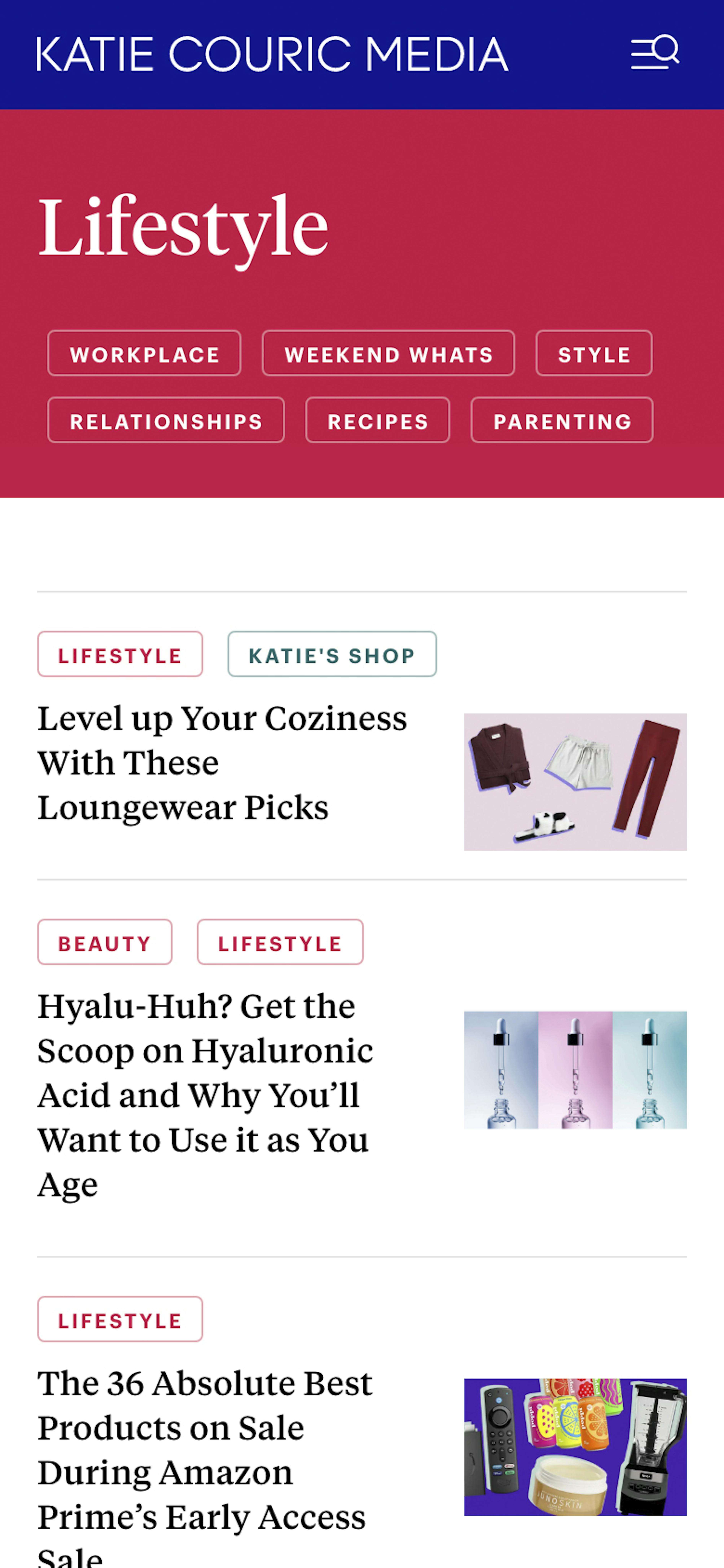 Mobile screenshot of the Lifestyle listing page.