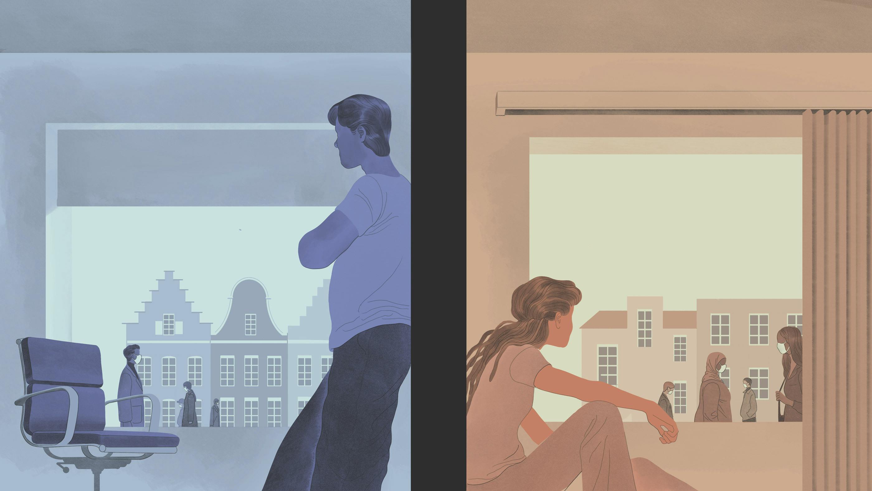 Man and woman, on opposite sides, both leaning against a wall in center of the image. Illustration by Jun Cen for part 7
