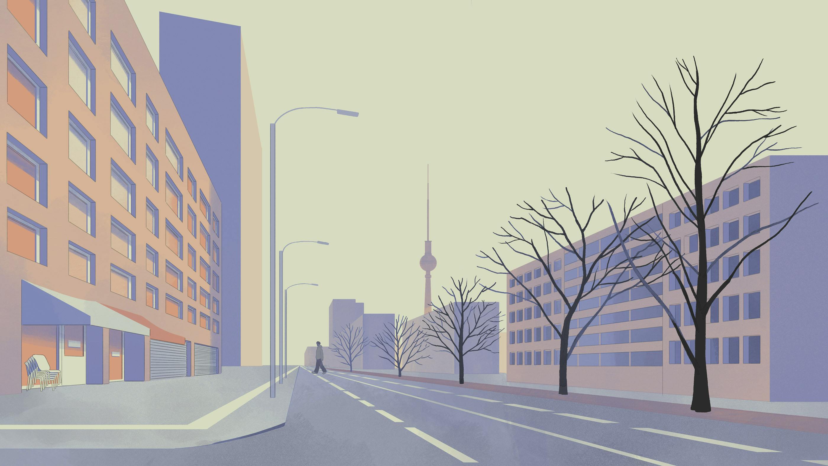 Buildings and a street in Berlin. Illustration by Jun Cen for prologue  a dark underground.