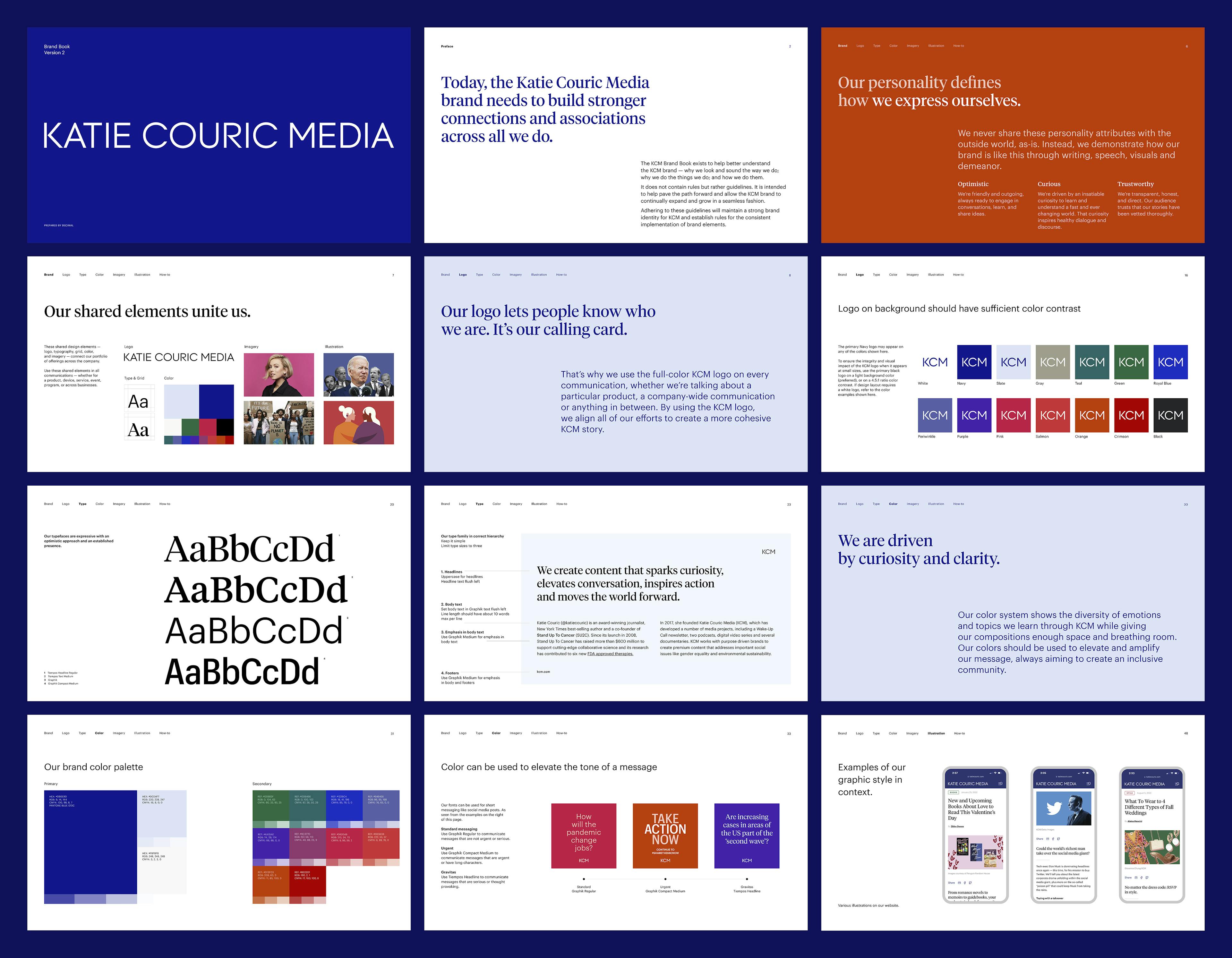 Collage of the brand guidelines for the KCM brand.