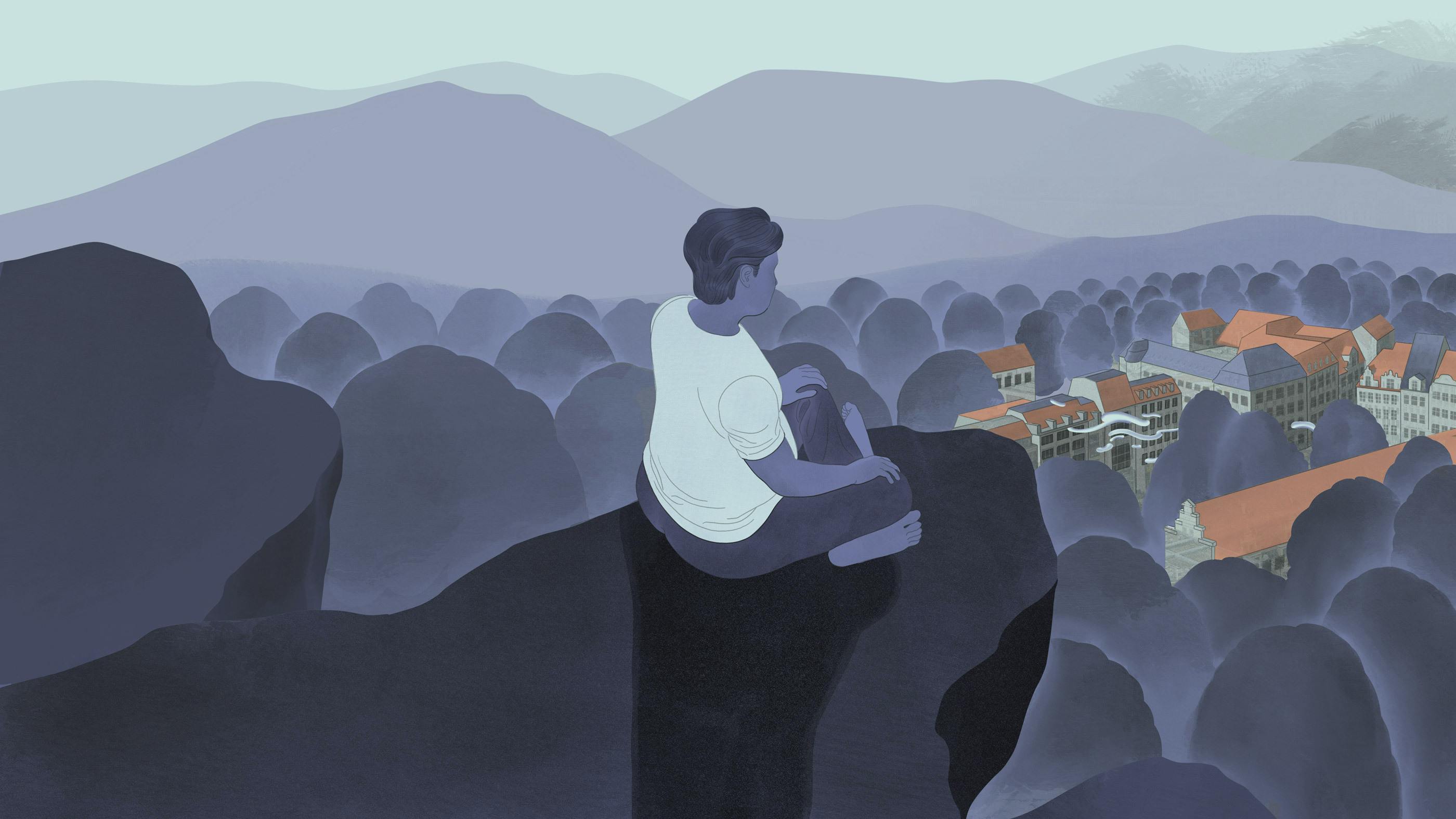 Man sitting in lotus overlooking a countryside and buildings. Illustration by Jun Cen for part 6