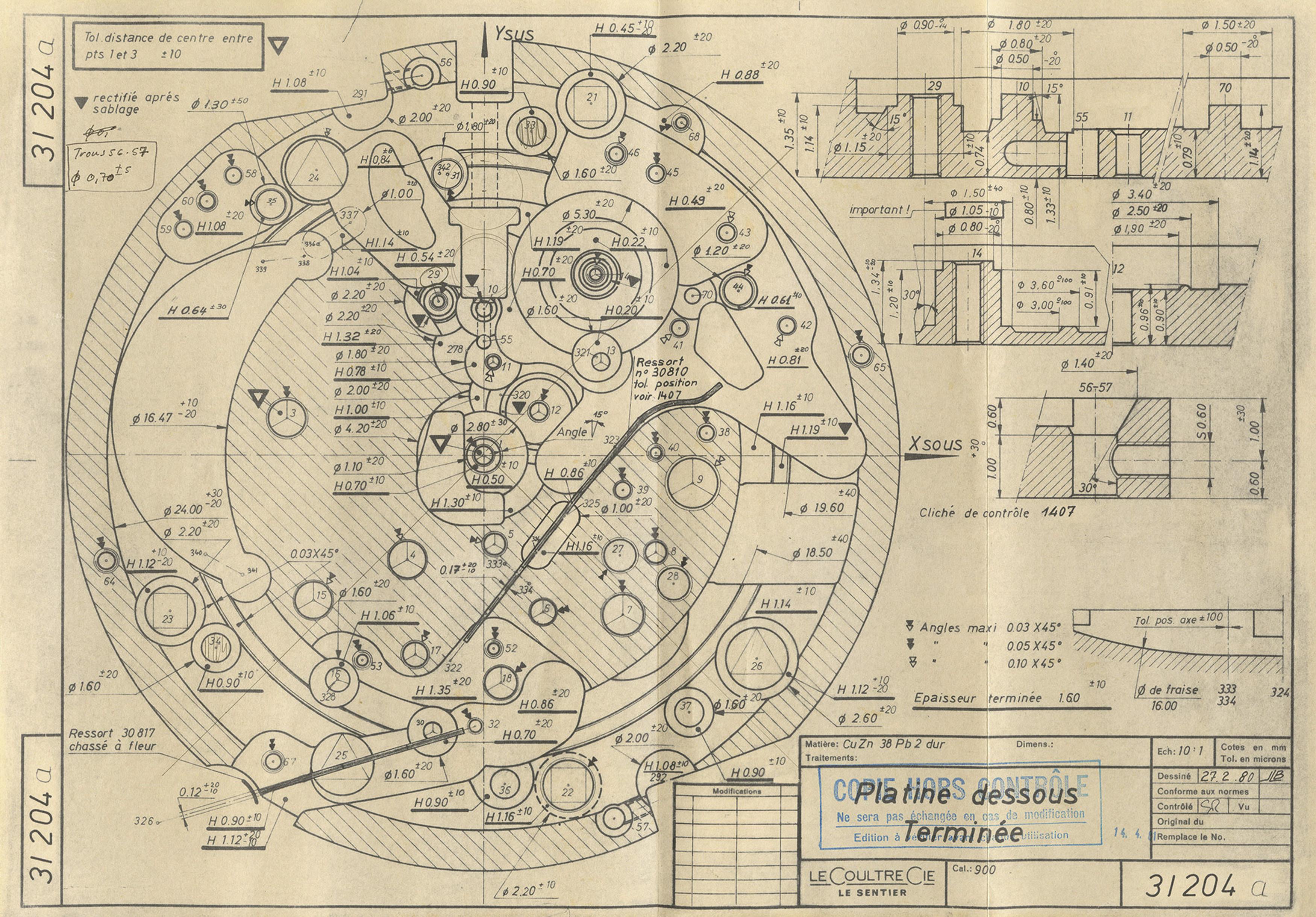 Plan of the Calibre 2123 baseplate Copy of LeCoultre & Cie Plan no. 31204a. Audemars Piguet Archives.