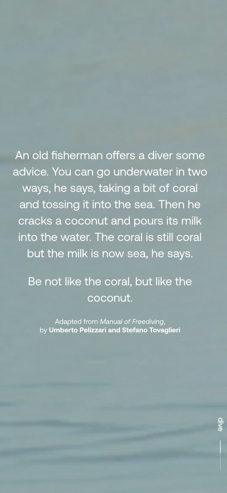 A screenshot of the mobile site, with a quote from the Manual of Freediving.