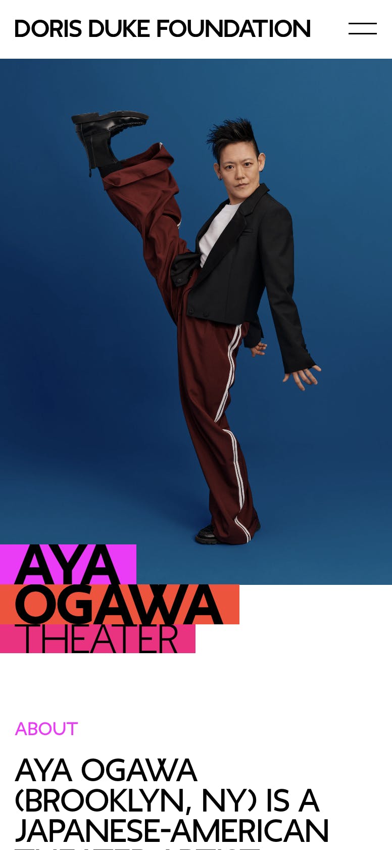 Mobile detail page of artist Aya Ogawa showing her portrait.