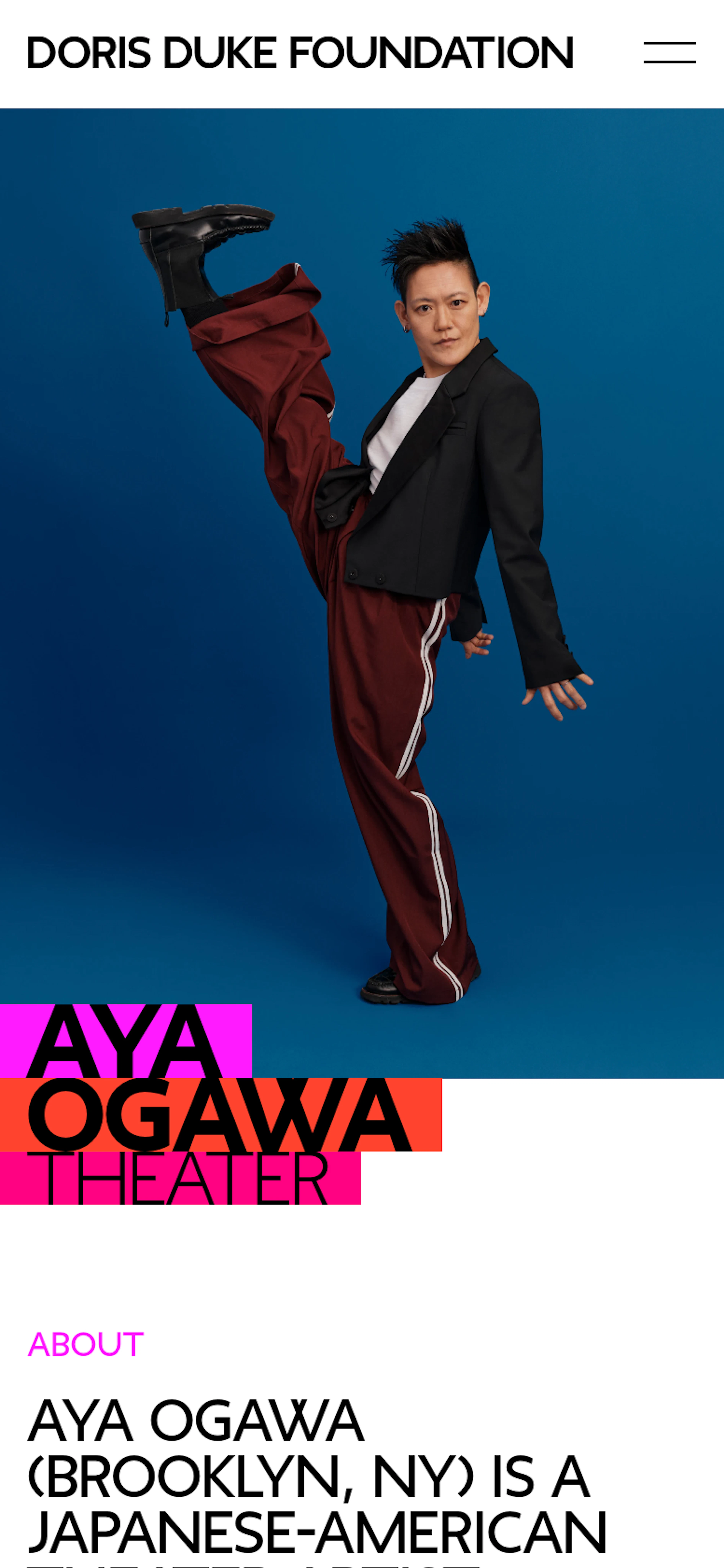 Mobile detail page of artist Aya Ogawa showing her portrait.