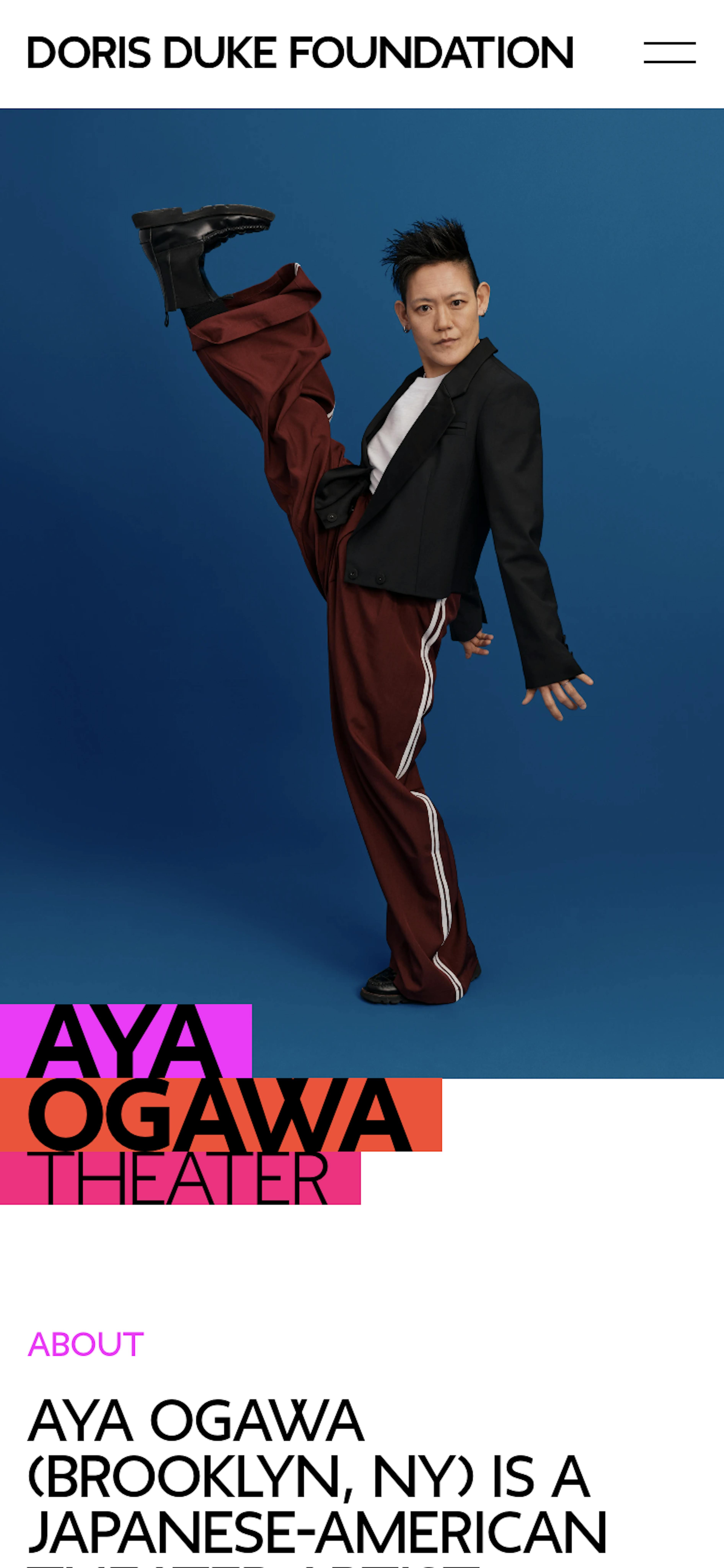 Mobile detail page of artist Aya Ogawa showing her portrait.