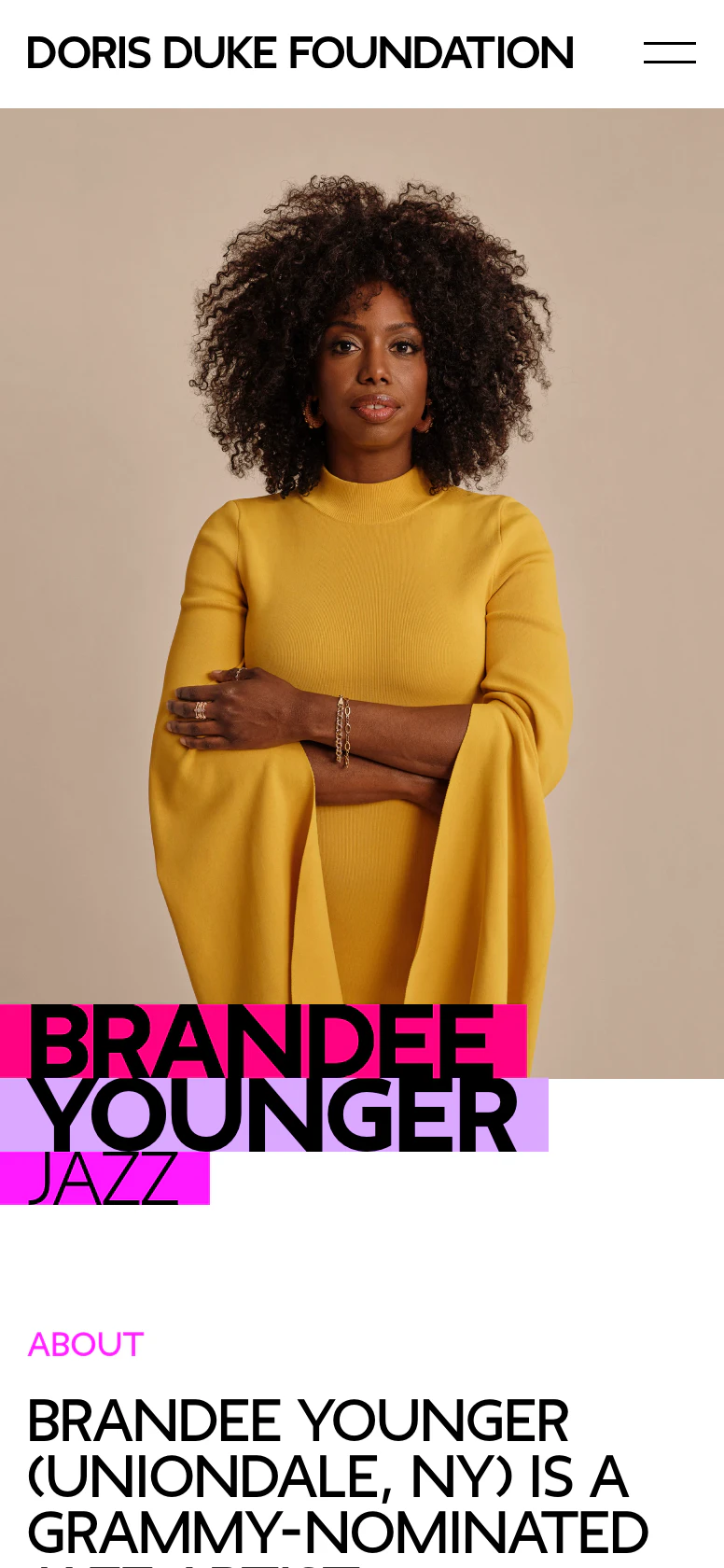 Mobile detail page of artist Brandee Younger showing her portrait.