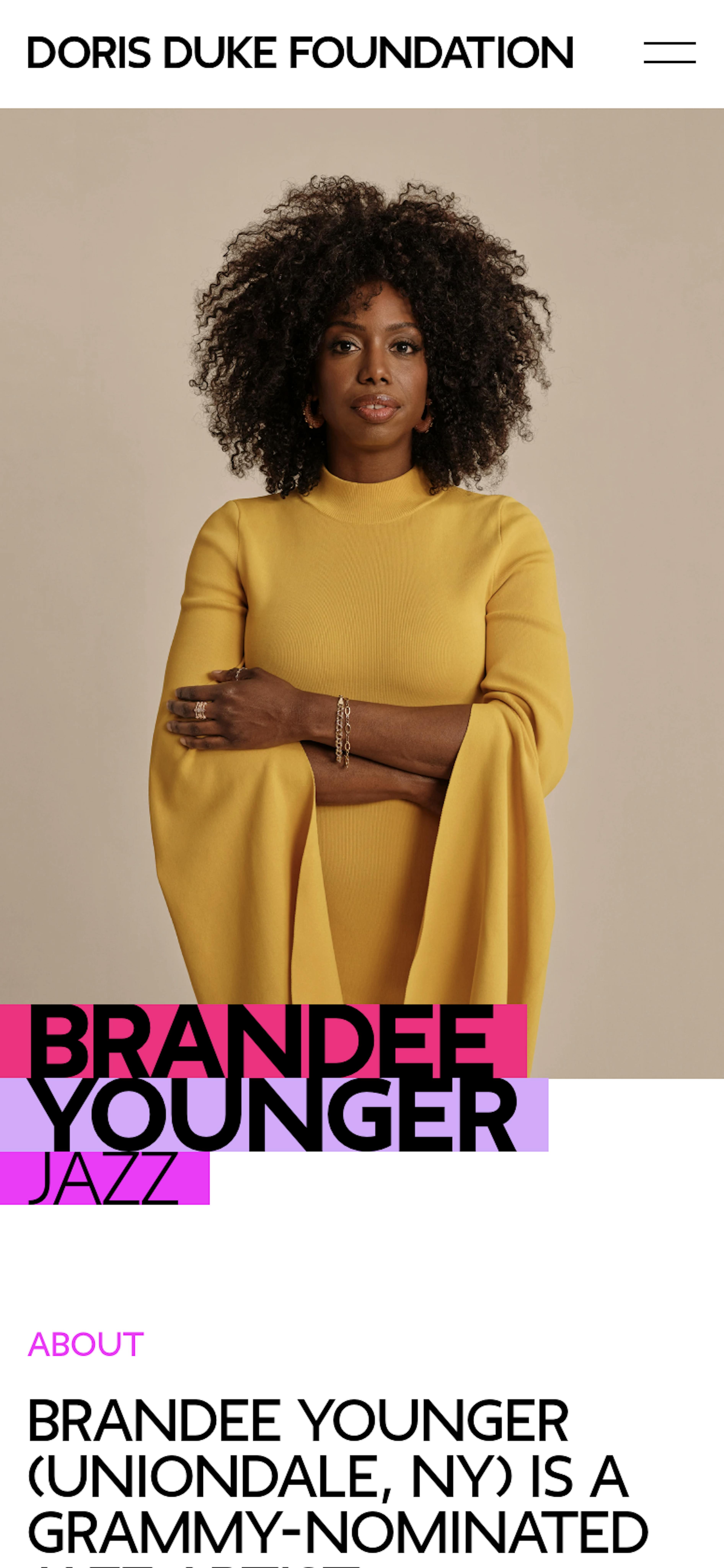 Mobile detail page of artist Brandee Younger showing her portrait.