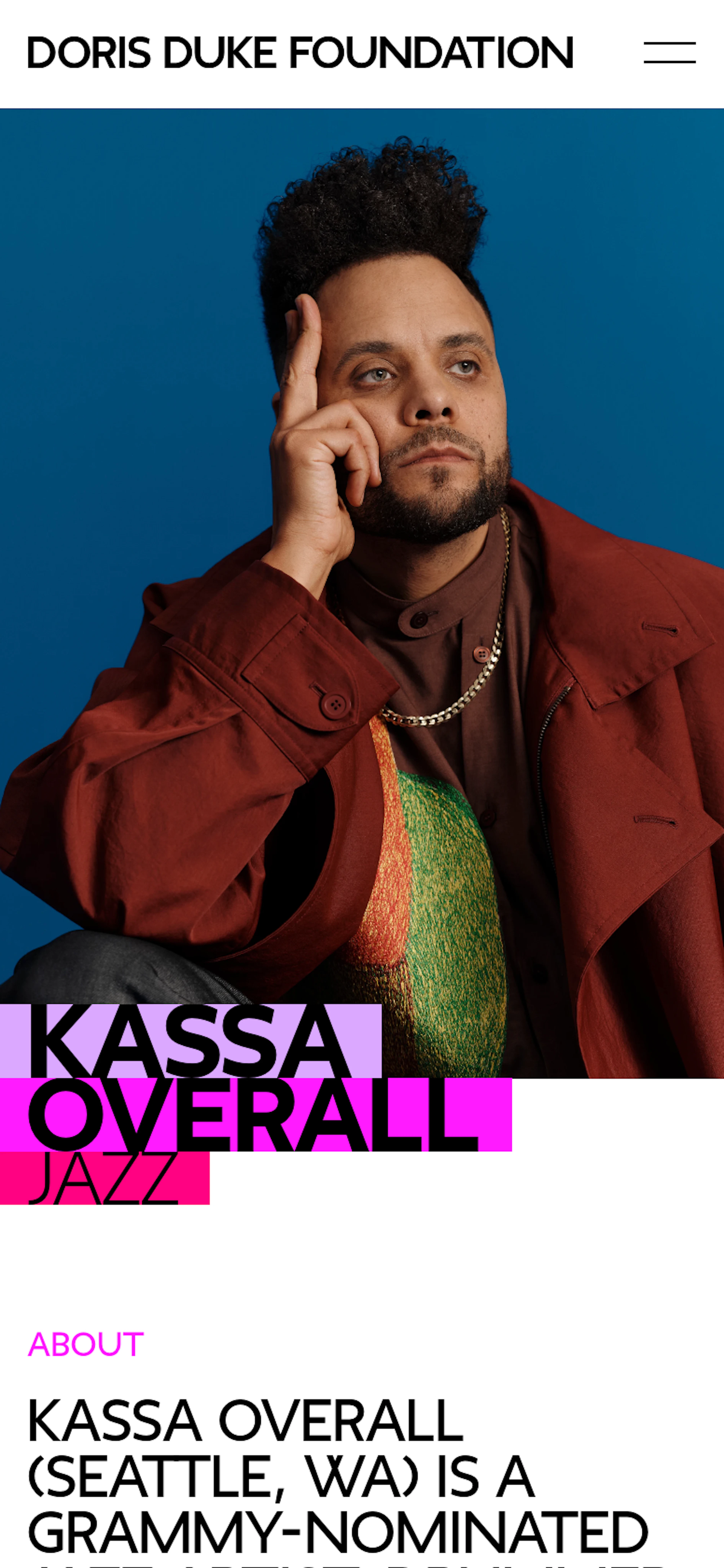 Mobile detail page of artist Kassa Overall showing his portrait.