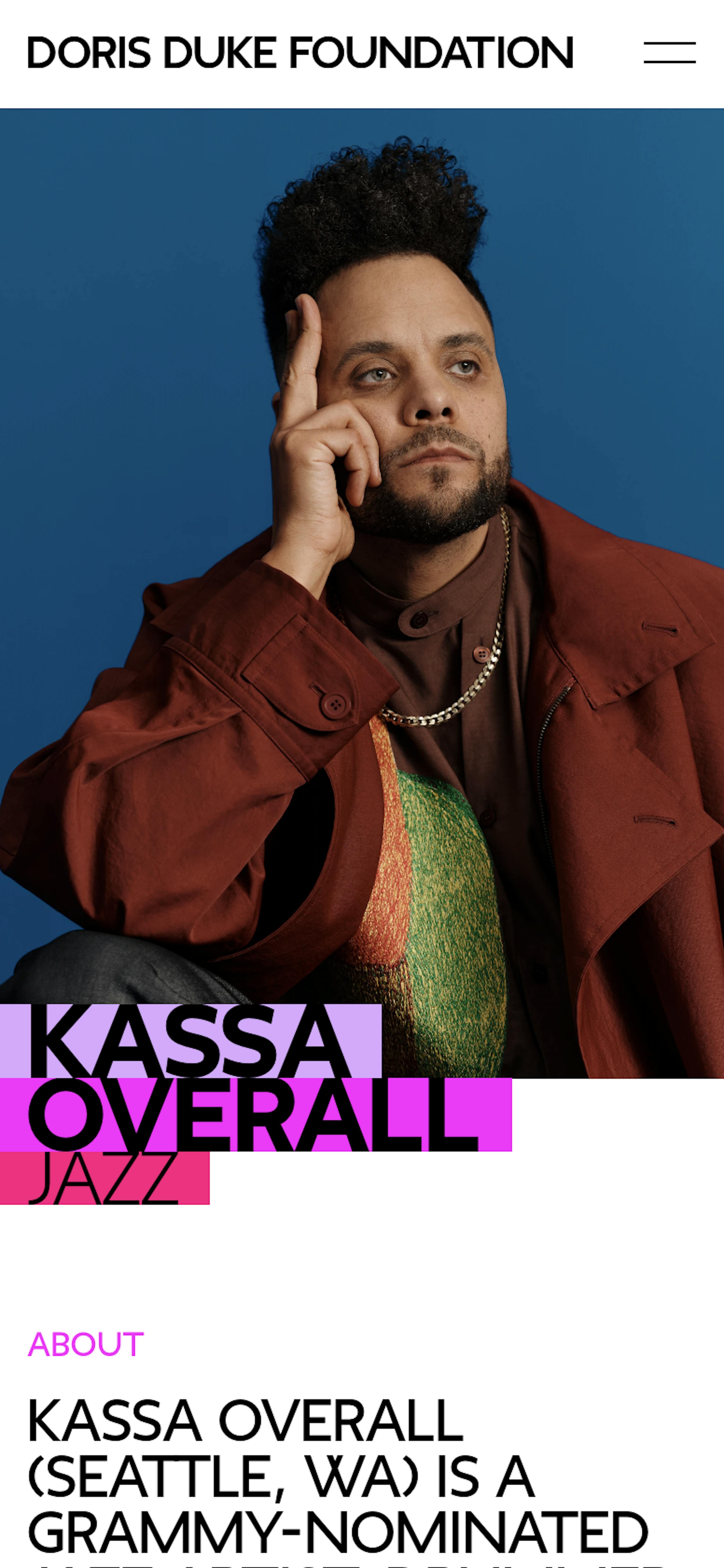 Mobile detail page of artist Kassa Overall showing his portrait.