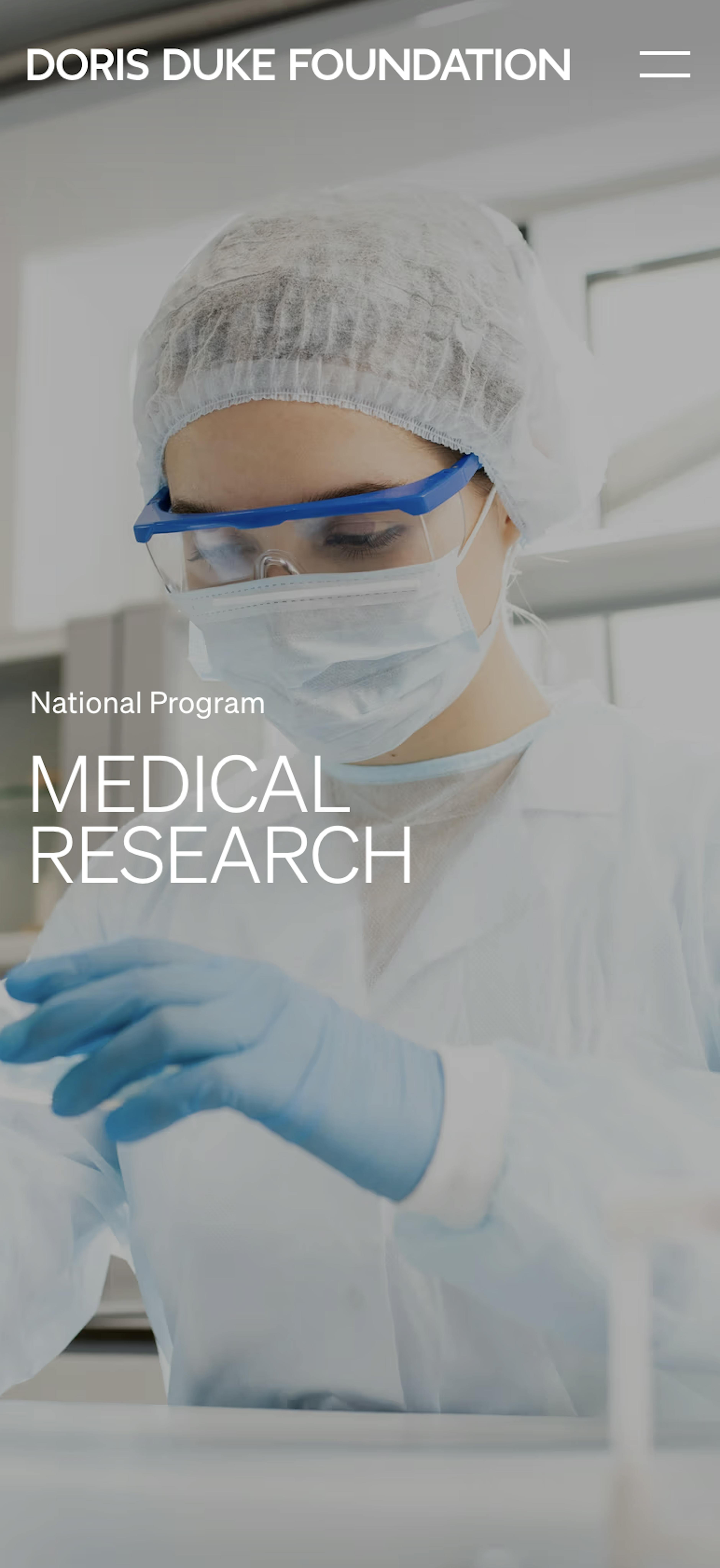 Full-bleed image of a lab scientist with the title "Medical Research" on top.