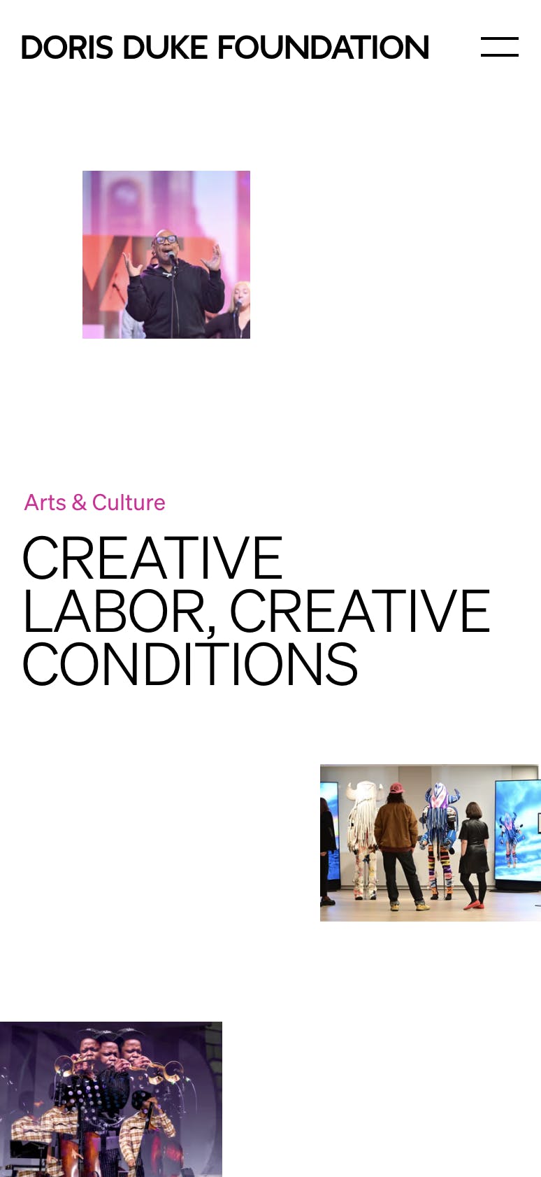 A headline that reads "Creative Labor, Creative Conditions" and 3 images of art expressions..