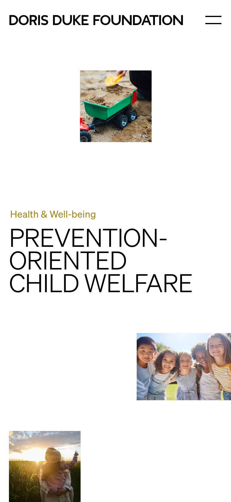 A headline that reads "Prevention-oriented child welfare" and 3 images showing kids.