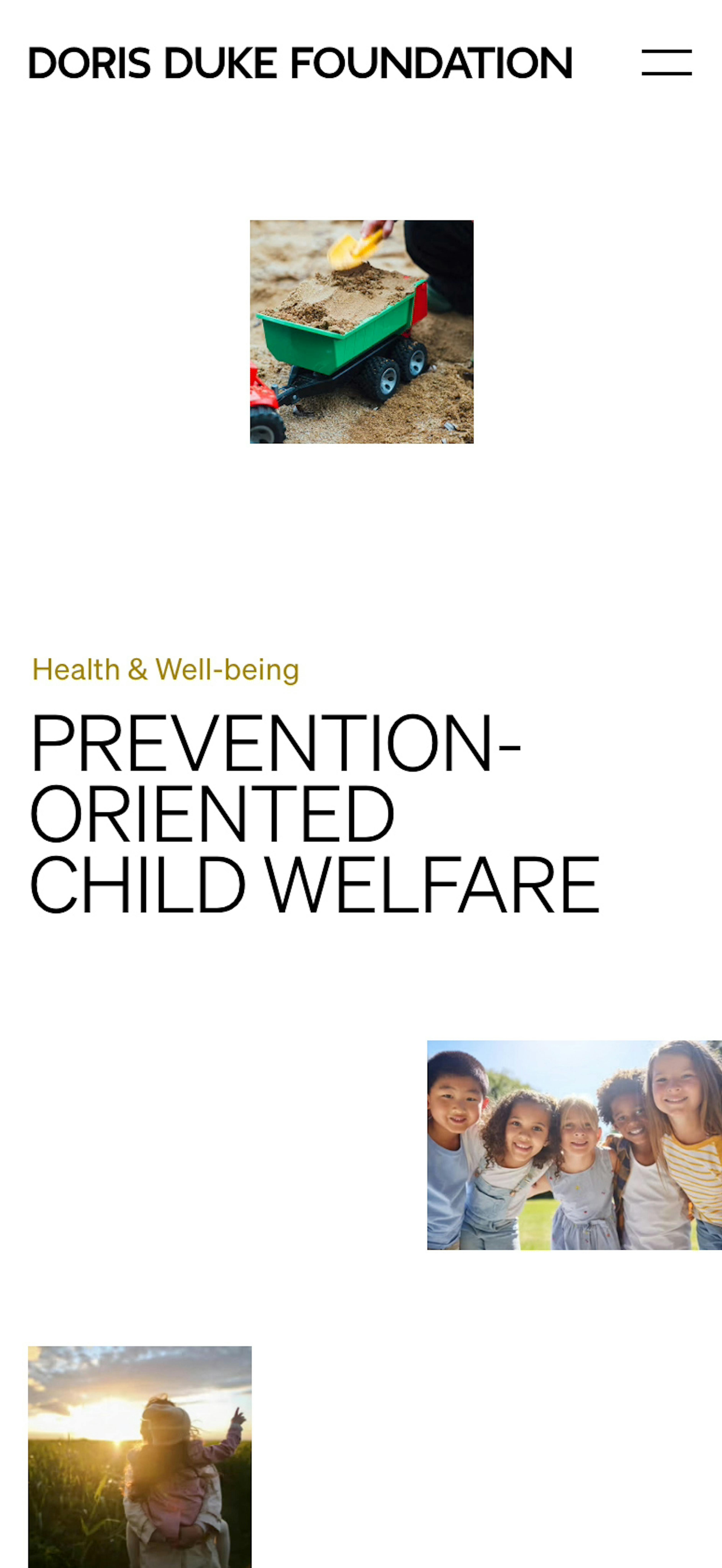 A headline that reads "Prevention-oriented child welfare" and 3 images showing kids.