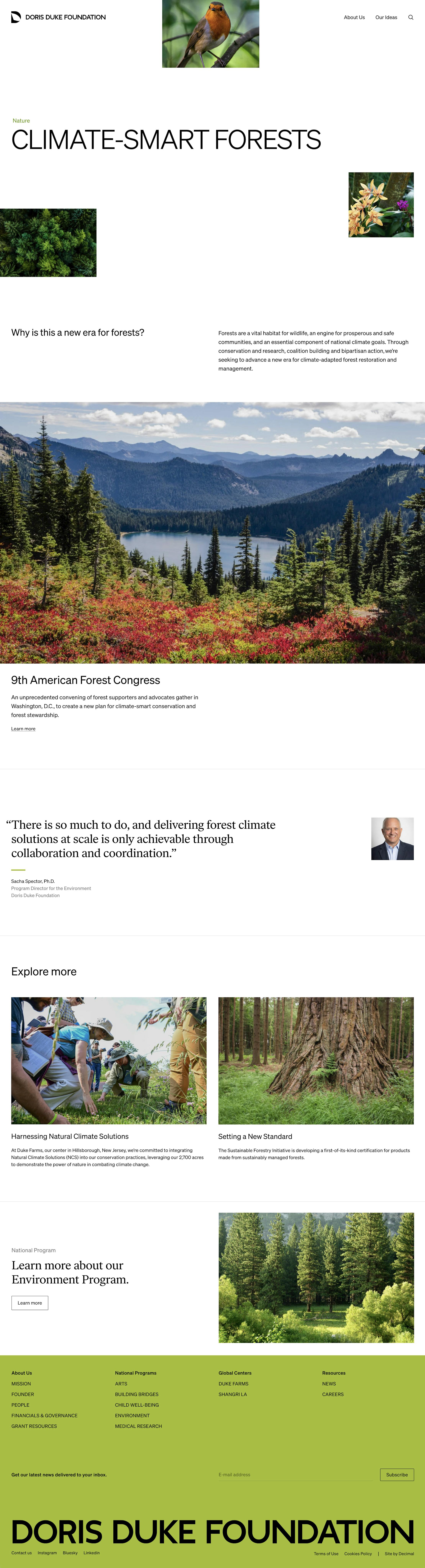 A web page showing information and images about climate-smart forests.