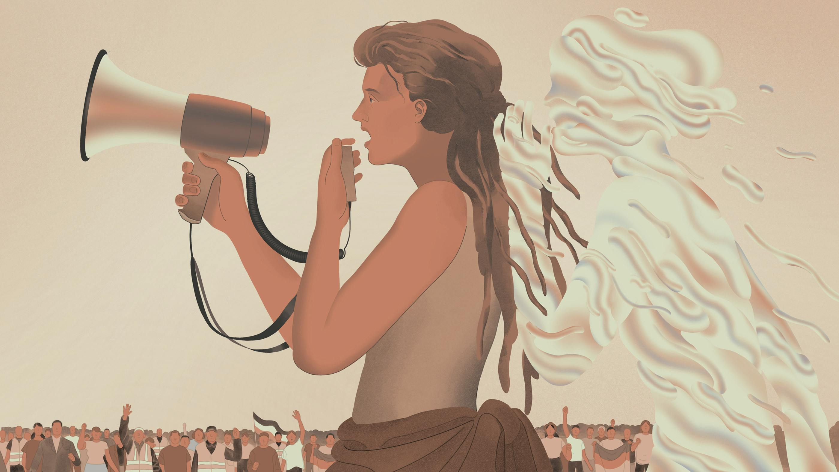 Woman holding a megaphone. Illustration by Jun Cen for part 3, the storming.